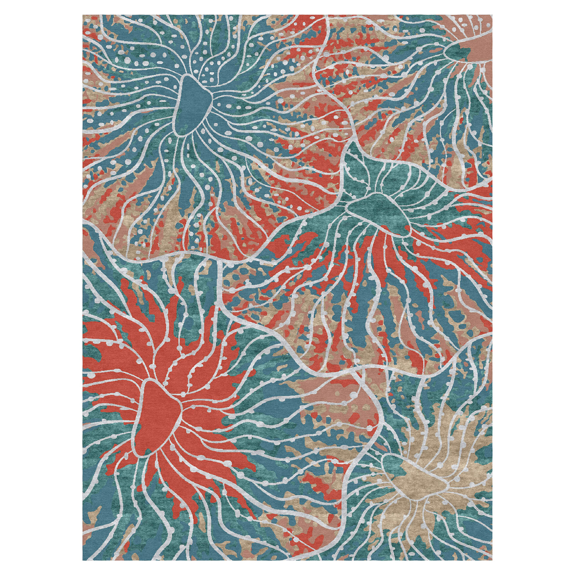 Abstract textile featuring large, overlapping organic shapes in teal, coral-red, and muted gold. White lines and scattered dots outline and accent the coral-like forms.