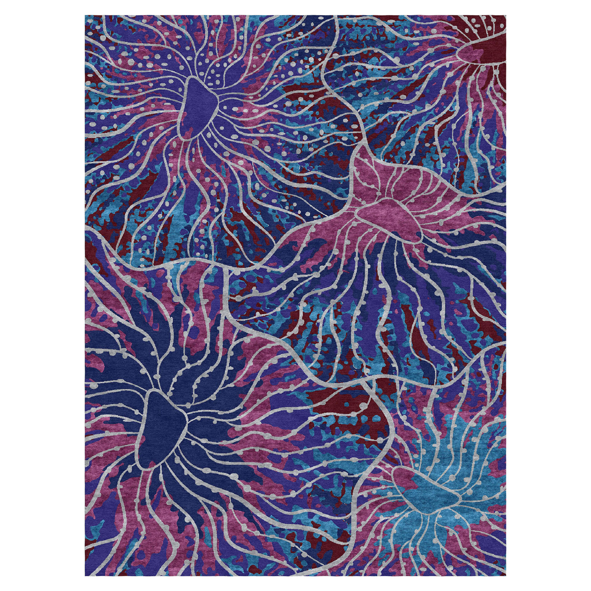 An abstract pattern rug with organic, flower-like shapes in shades of deep blue, purple, magenta, and turquoise, accented by thin, wavy silver lines and dots.
