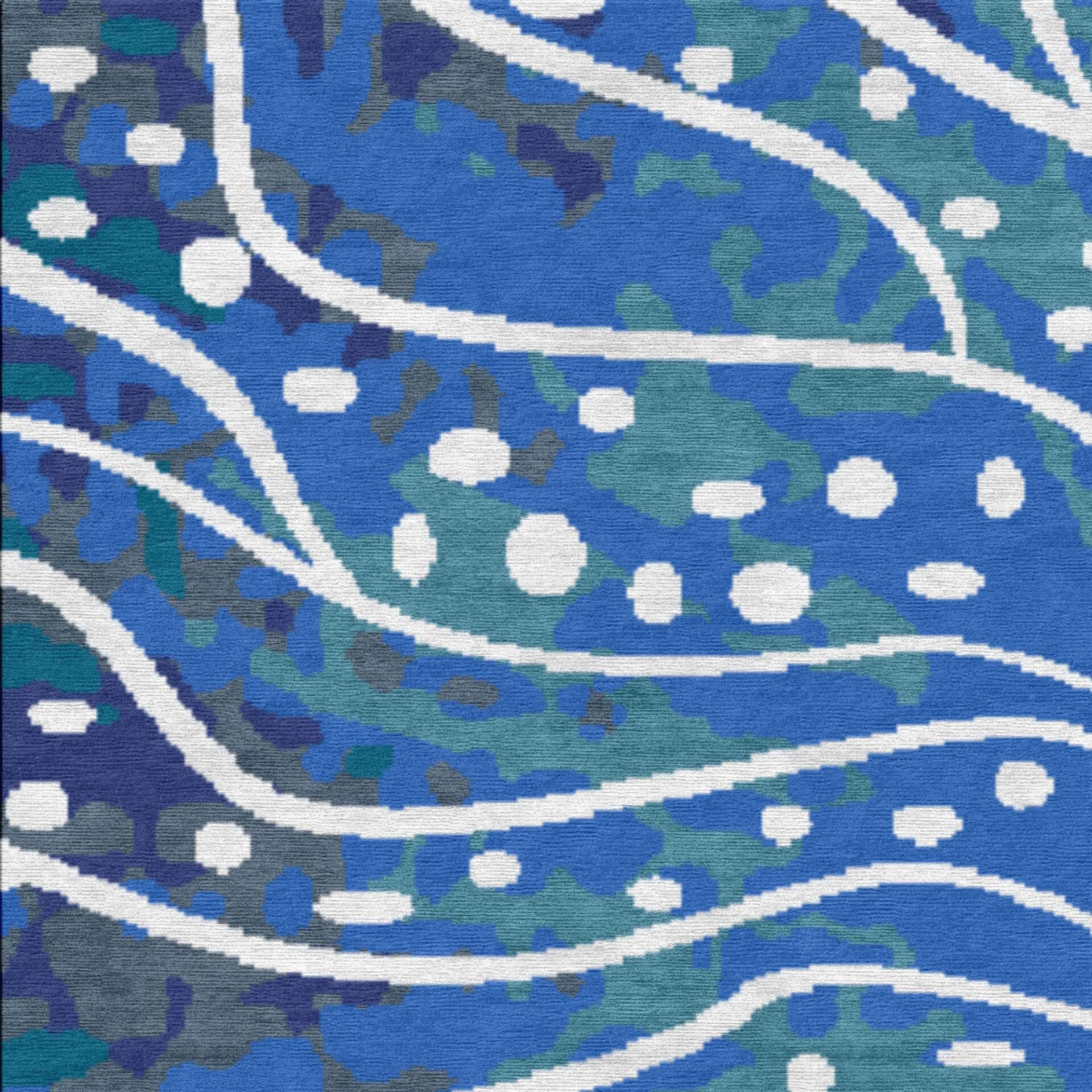 Close-up of an abstract textile pattern with wavy white lines and dots over a mottled background of various blues, teals, and grays.