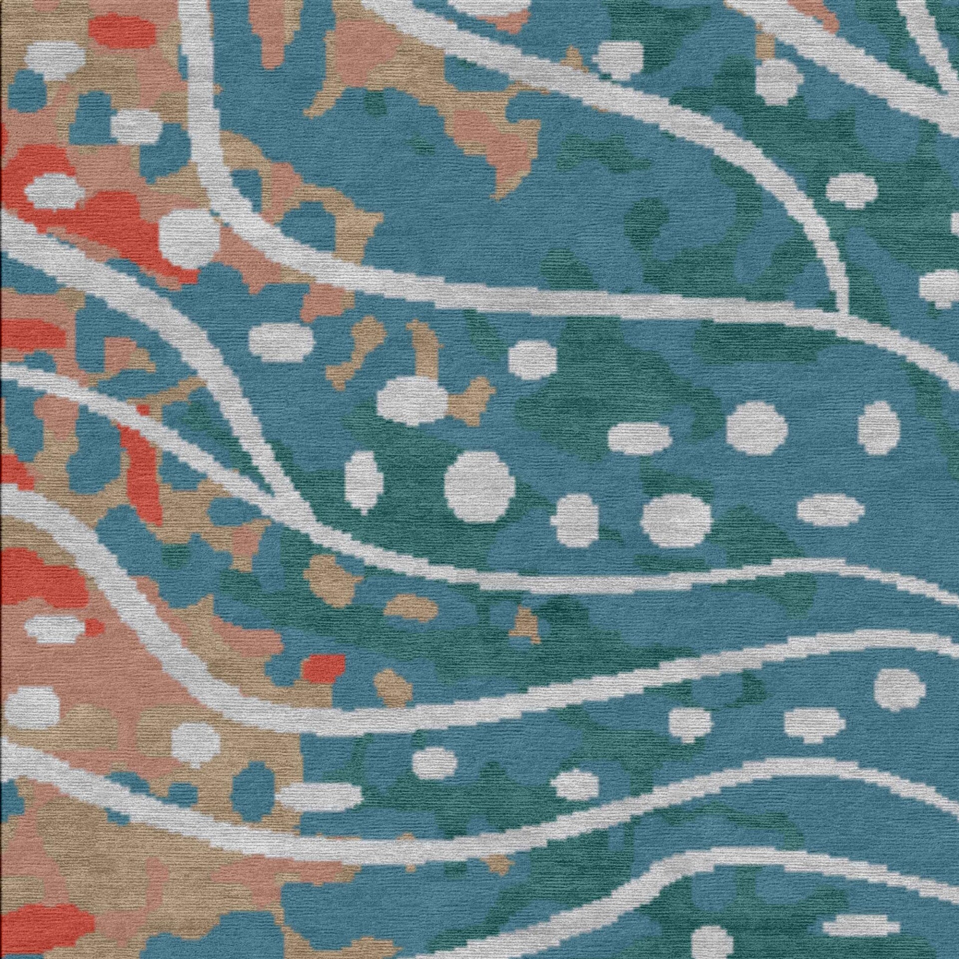Abstract textile pattern with wavy white lines, coral, beige, and dark blue-green organic shapes, and white dots on a teal background, showing a woven texture.