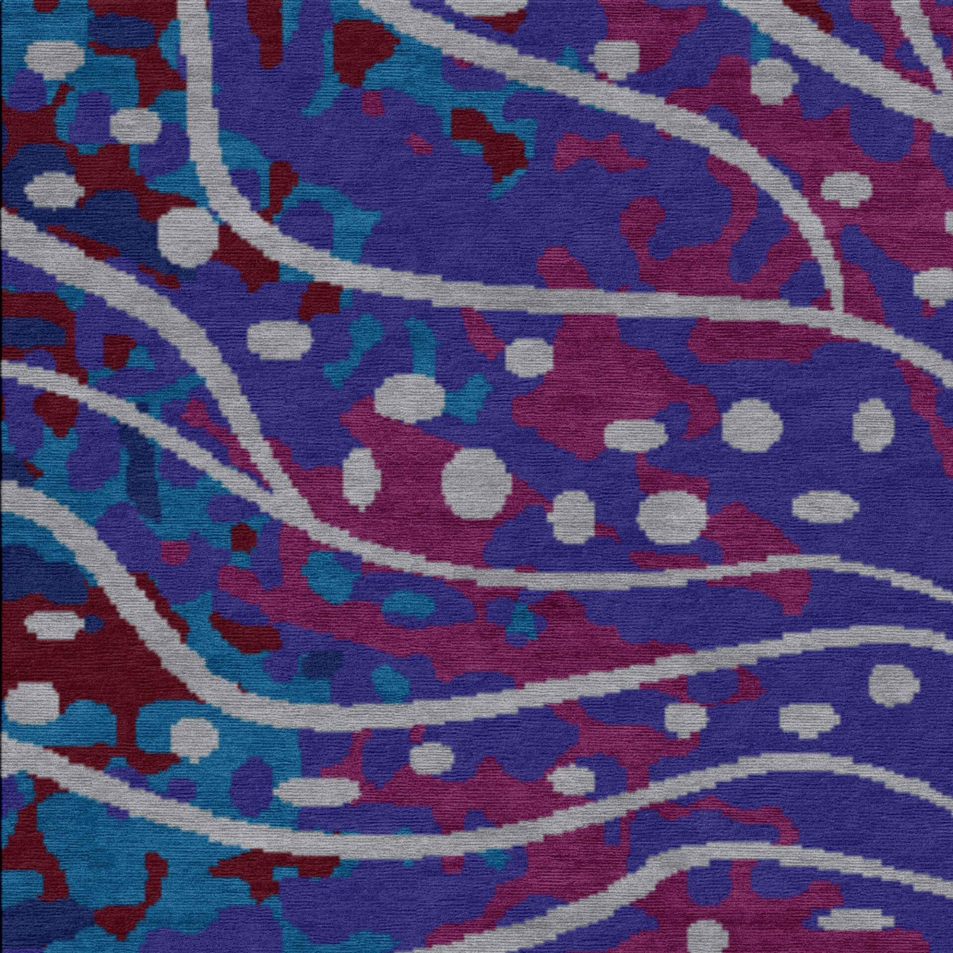 Abstract patterned textile with wavy grey lines and dots on a background of purple, magenta, teal, and dark red organic shapes.