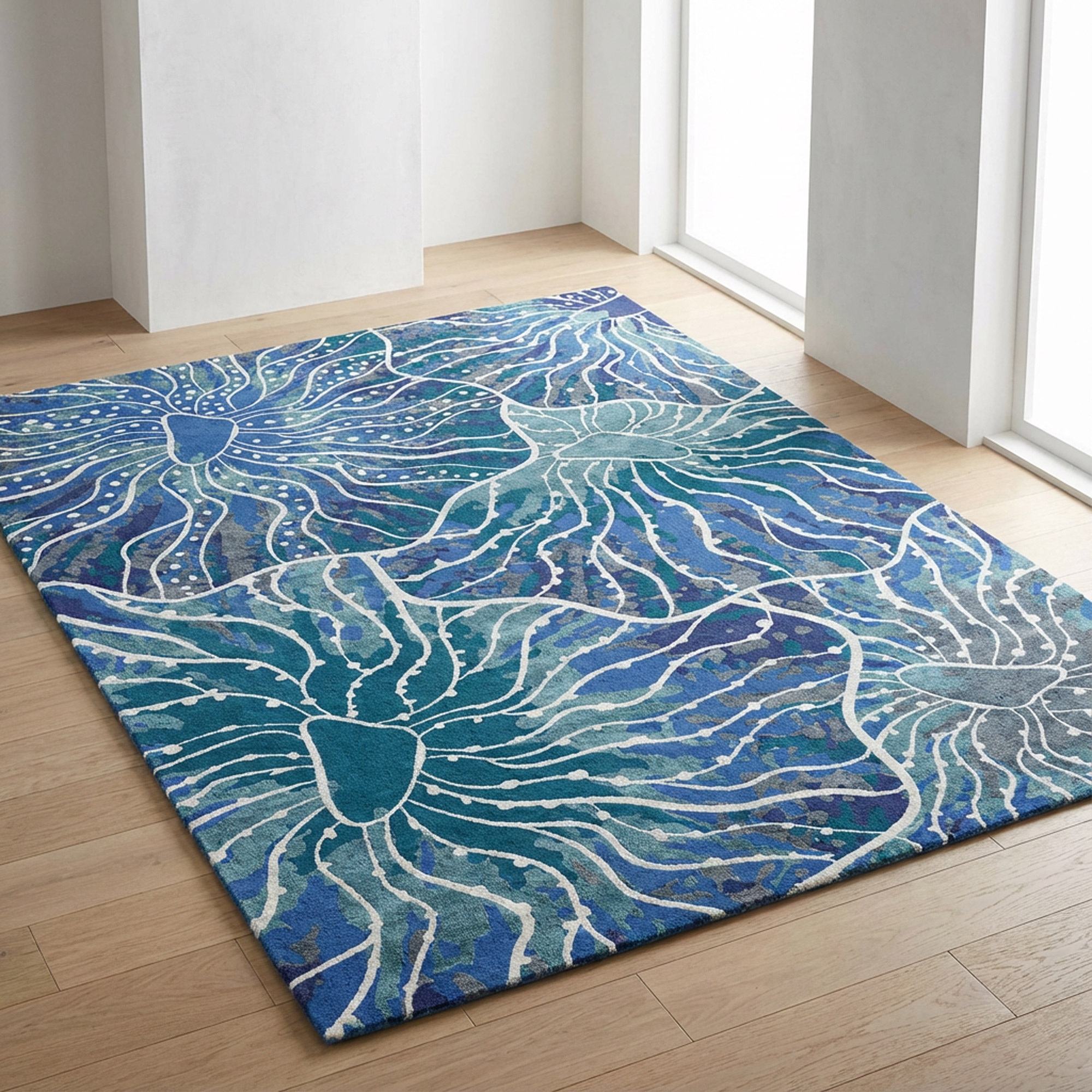 A large rectangular area rug with an abstract blue and teal pattern, resembling jellyfish or sea creatures, on a light wooden floor in a bright room.