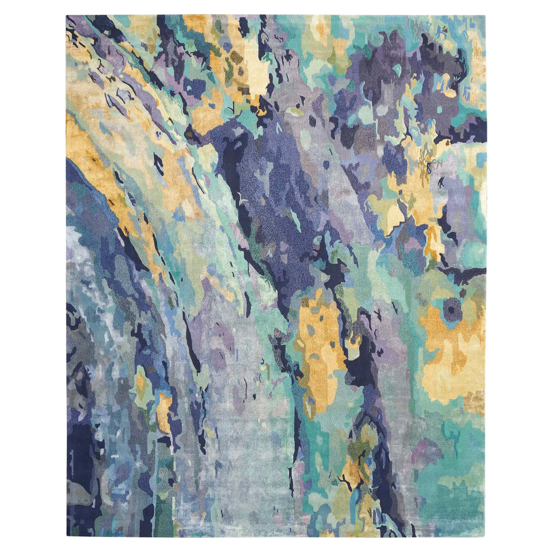 Colorful modern rug featuring blue, gold, and teal tones, perfect for contemporary living spaces.