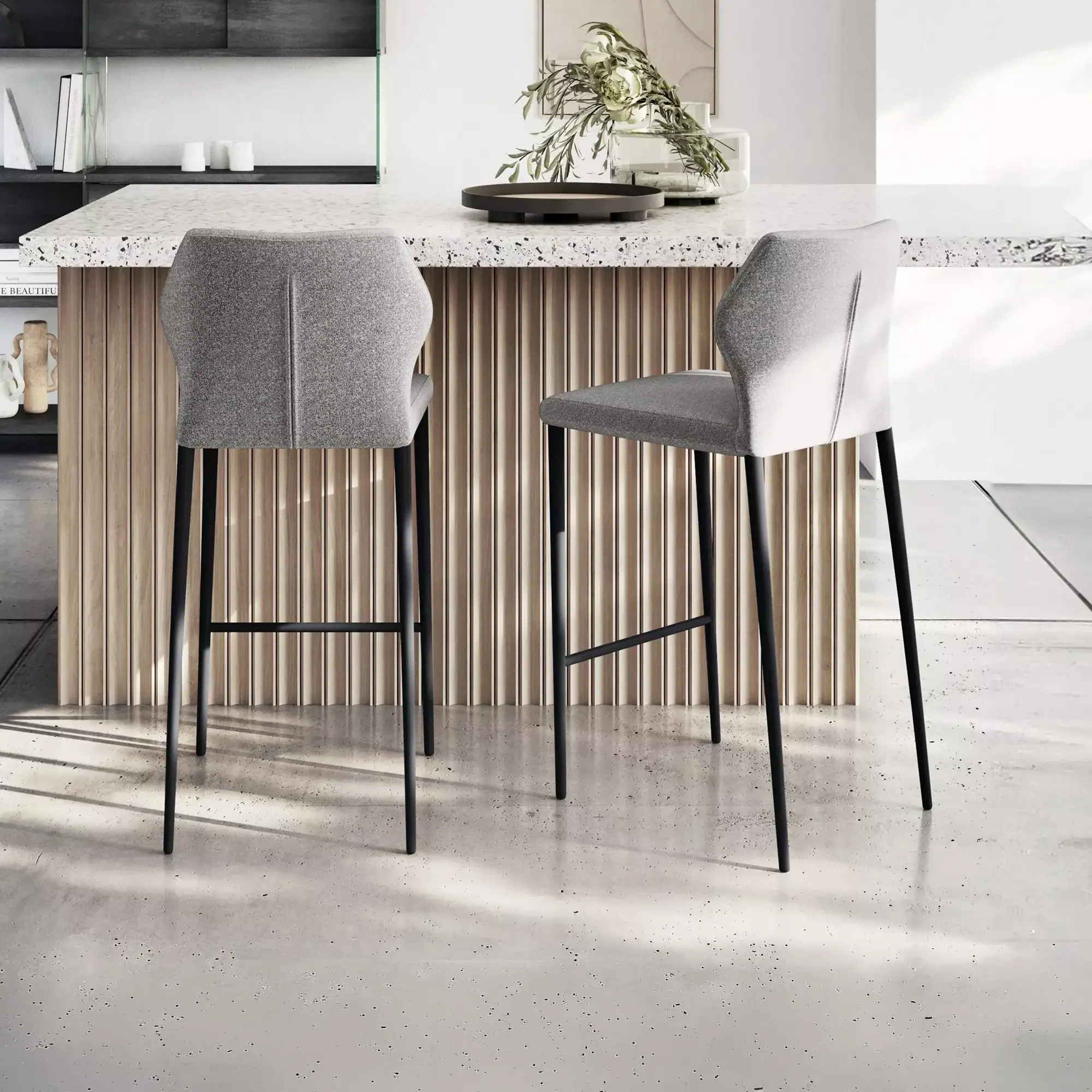 Sklar Furnishings bar stools at kitchen island.