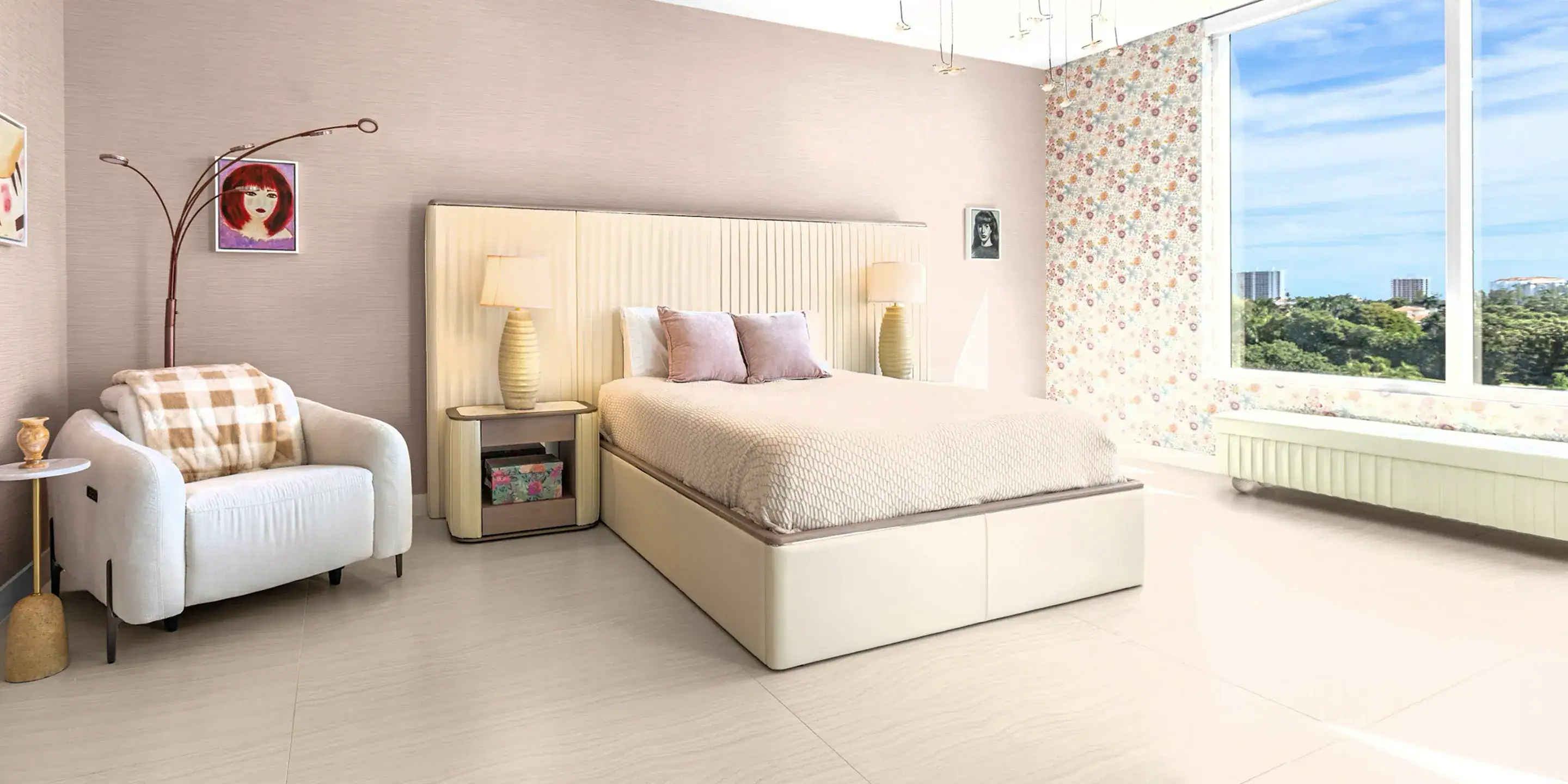 Elegant bedroom featuring custom furnishings and a bright, spacious layout with cityscape view.