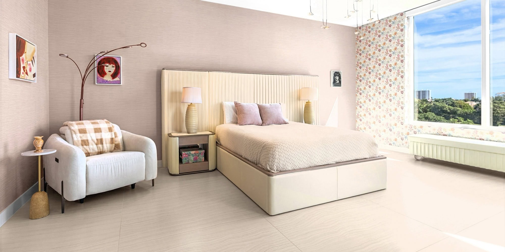 personalized-condo-from-top-to-bottom-case-study-11.6 Elegant bedroom featuring custom furnishings and a bright, spacious layout with cityscape view.