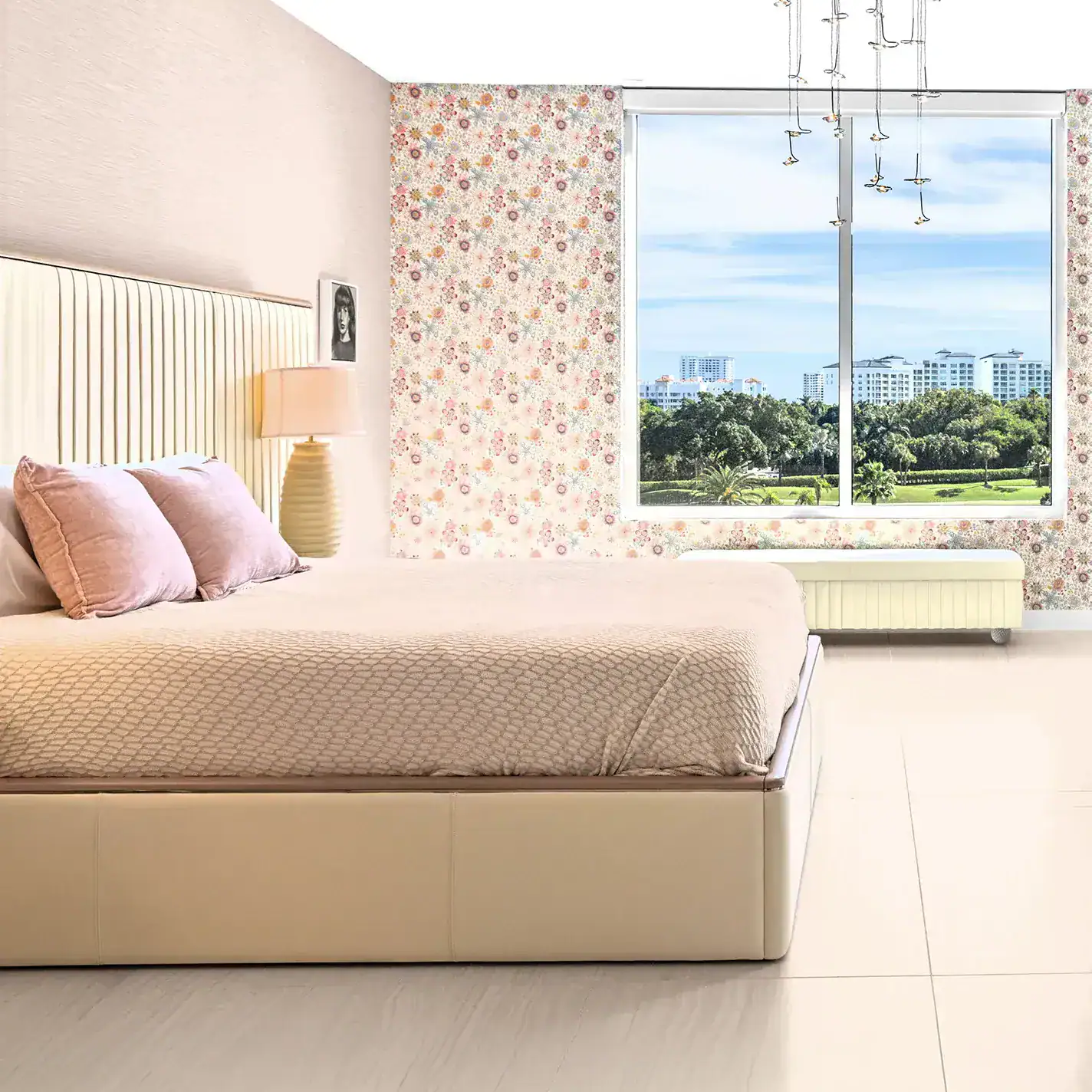 Elegant bedroom with personalized decor, soft pink accents, and a scenic city view from large window.