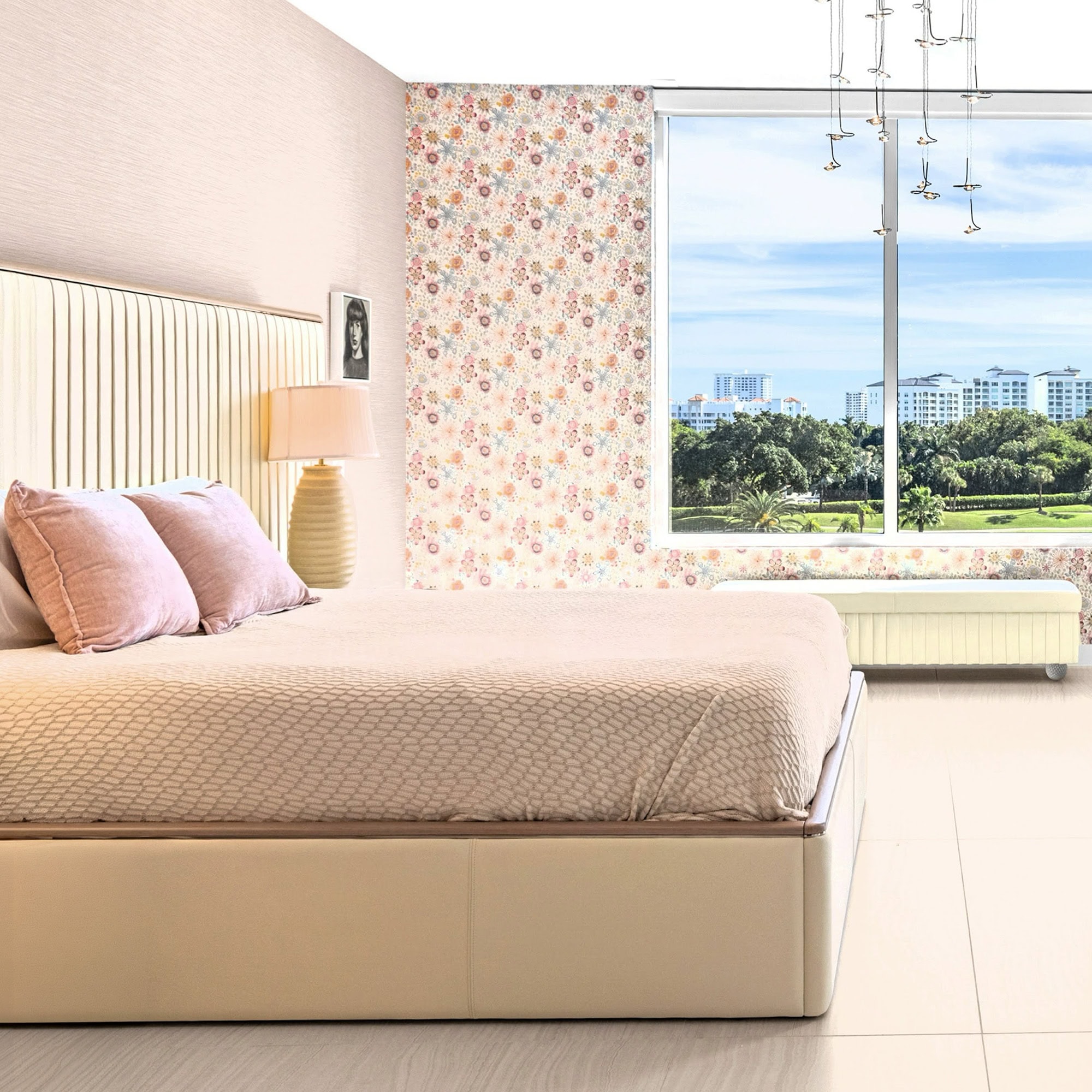 personalized-condo-from-top-to-bottom-case-study-12.5 Elegant bedroom with personalized decor, soft pink accents, and a scenic city view from large window.