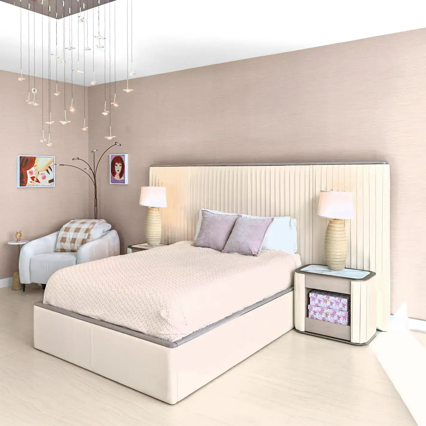 Elegant bedroom with personalized decor, soft lighting, and contemporary furniture.