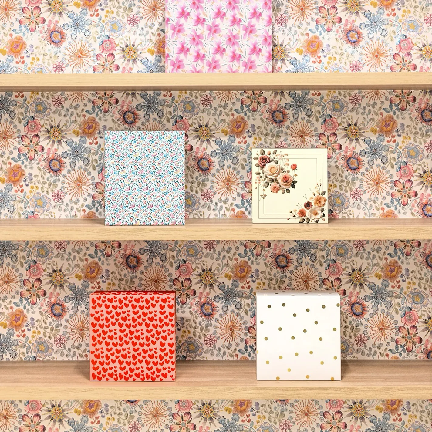 Three wooden shelves against floral wallpaper, holding various patterned square items including pink flowers, small blue and pink shapes, cream with roses, red hearts, and white with gold polka dots.