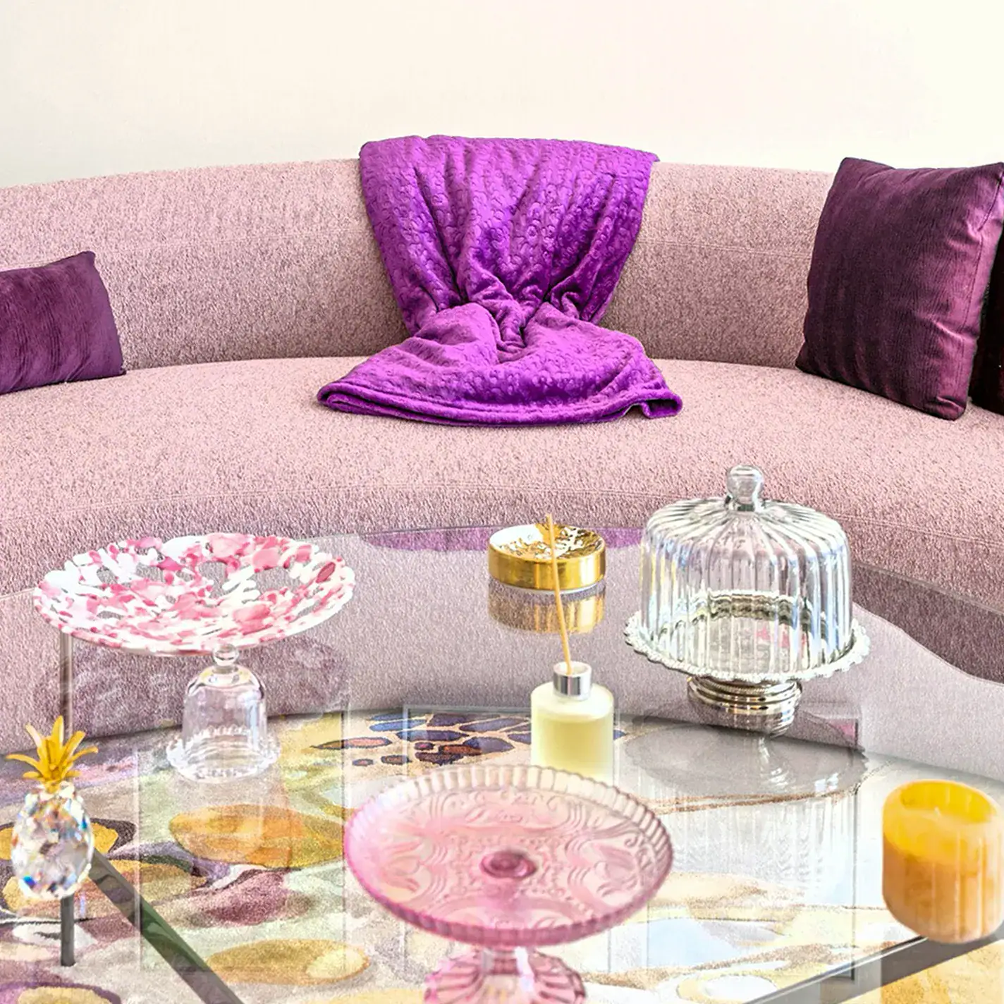 Stylish condo interior featuring purple velvet chairs, a colorful abstract rug, and contemporary lig.
