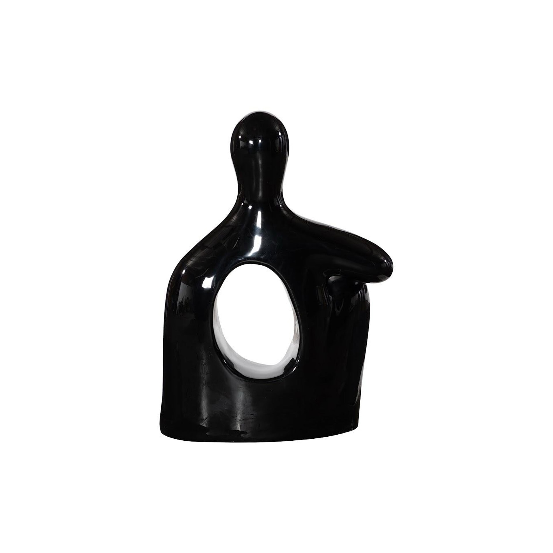 Black abstract sculpture with smooth, curvy design and hollow center, perfect for contemporary home decor.