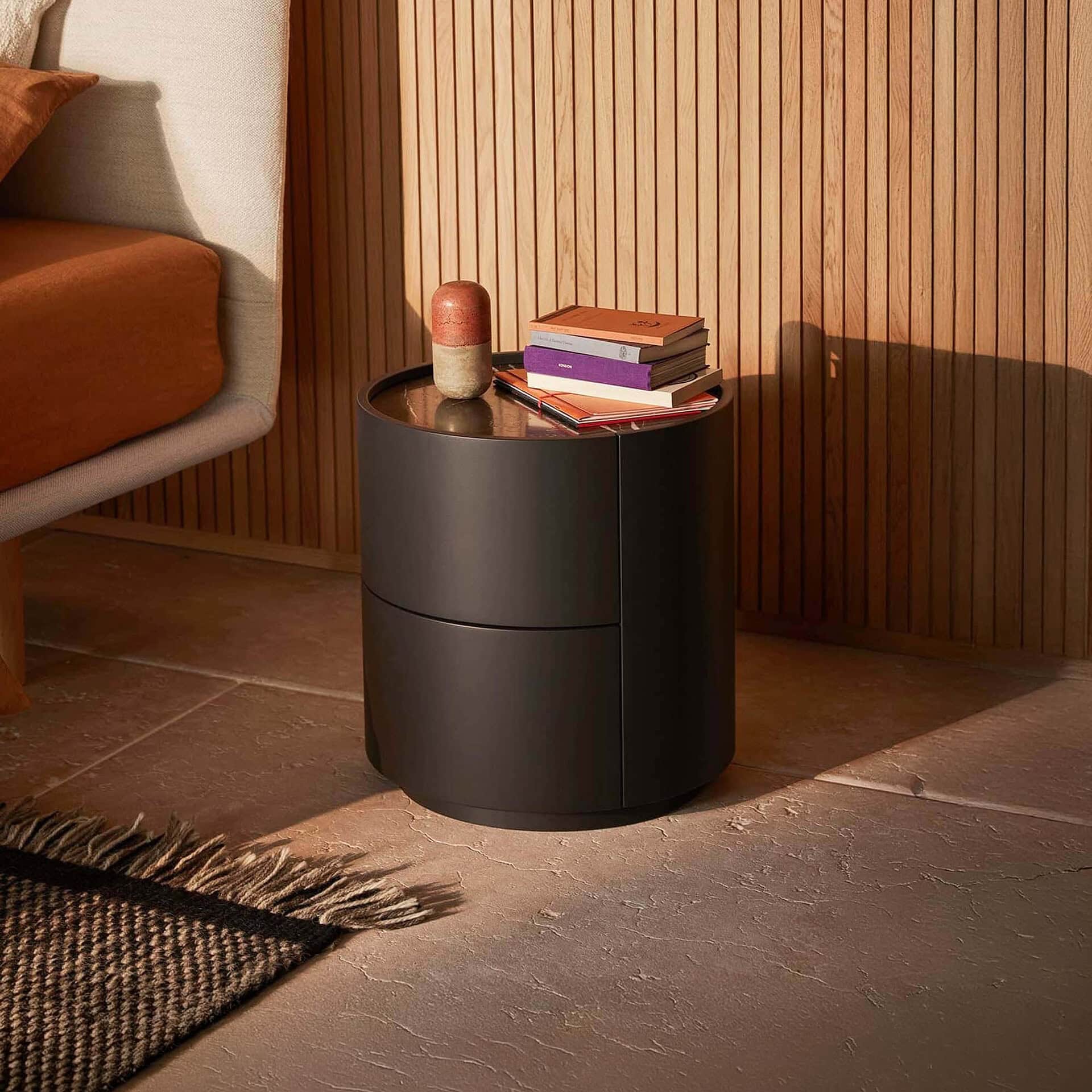 Dedalo Round 2-Drawer Nightstand for modern bedroom decor.