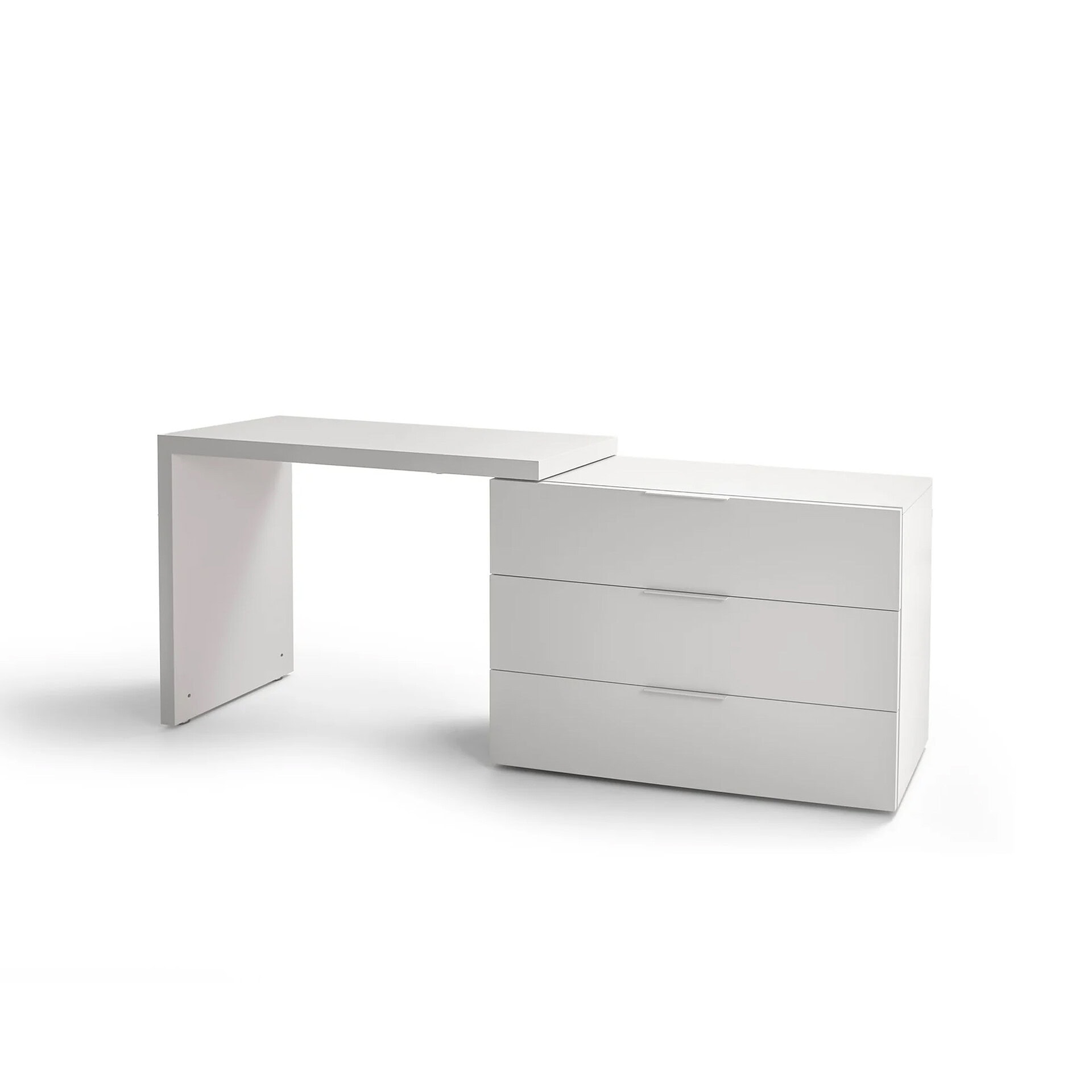 Sleek white office desk with attached storage drawers, ideal for contemporary workspaces.