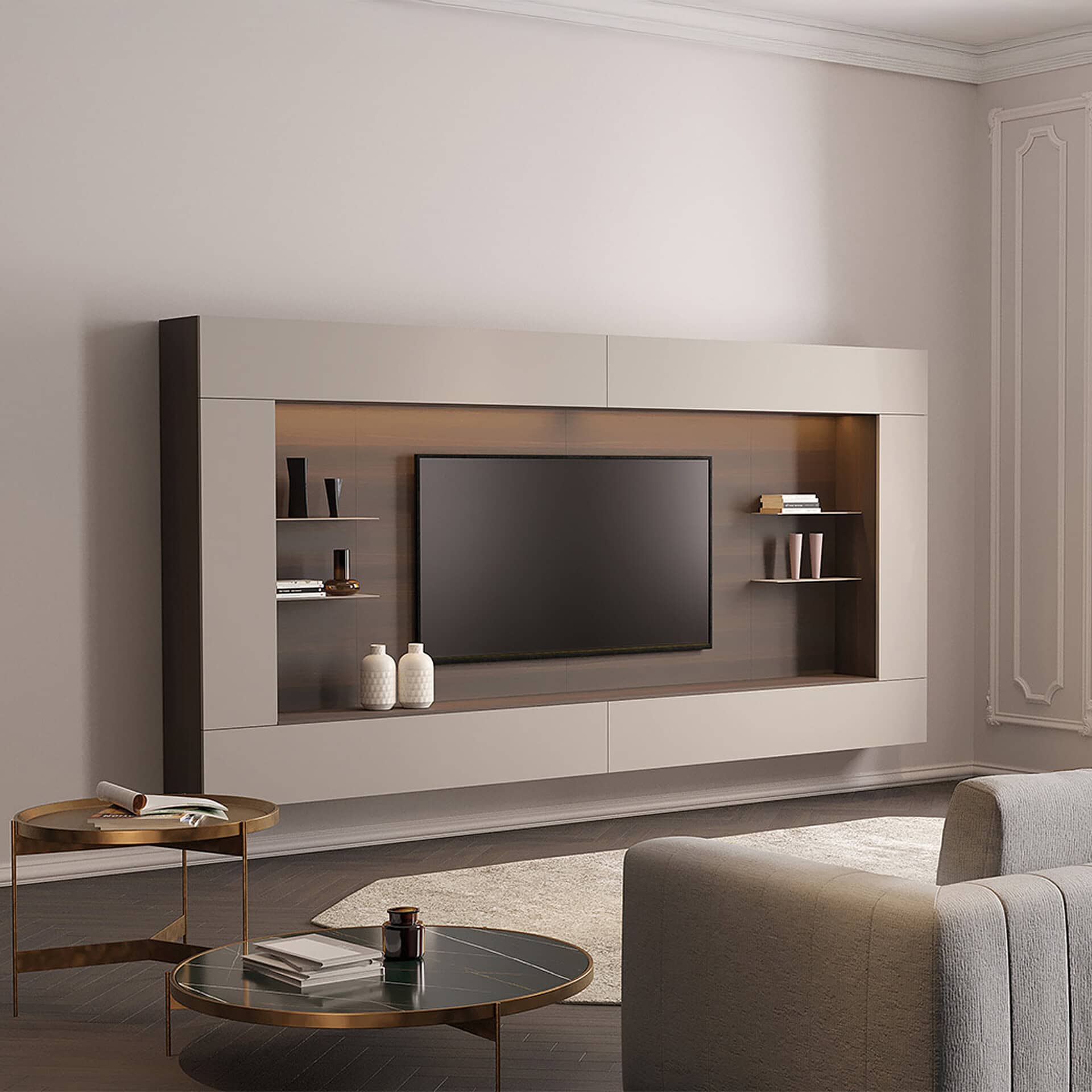 Stylish, contemporary wall-mounted entertainment unit with sleek design and integrated shelving.