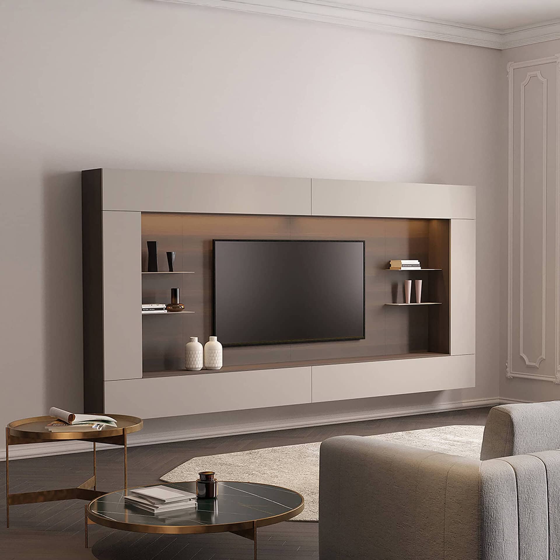 Stylish, contemporary wall-mounted entertainment unit with sleek design and integrated shelving.