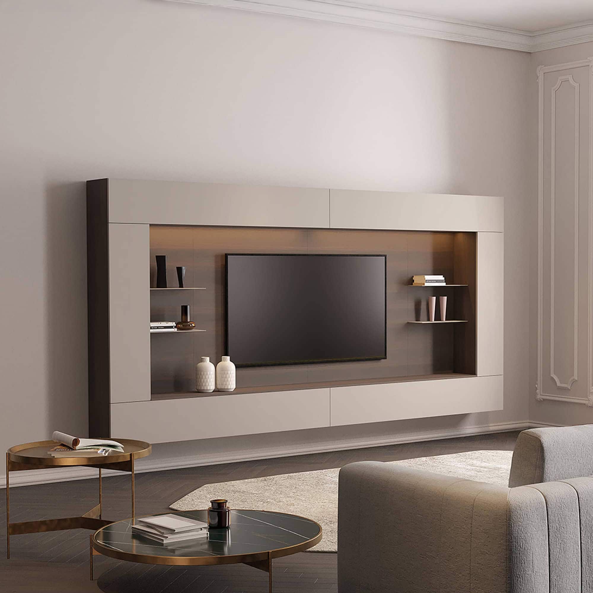 Stylish, contemporary wall-mounted entertainment unit with sleek design and integrated shelving.