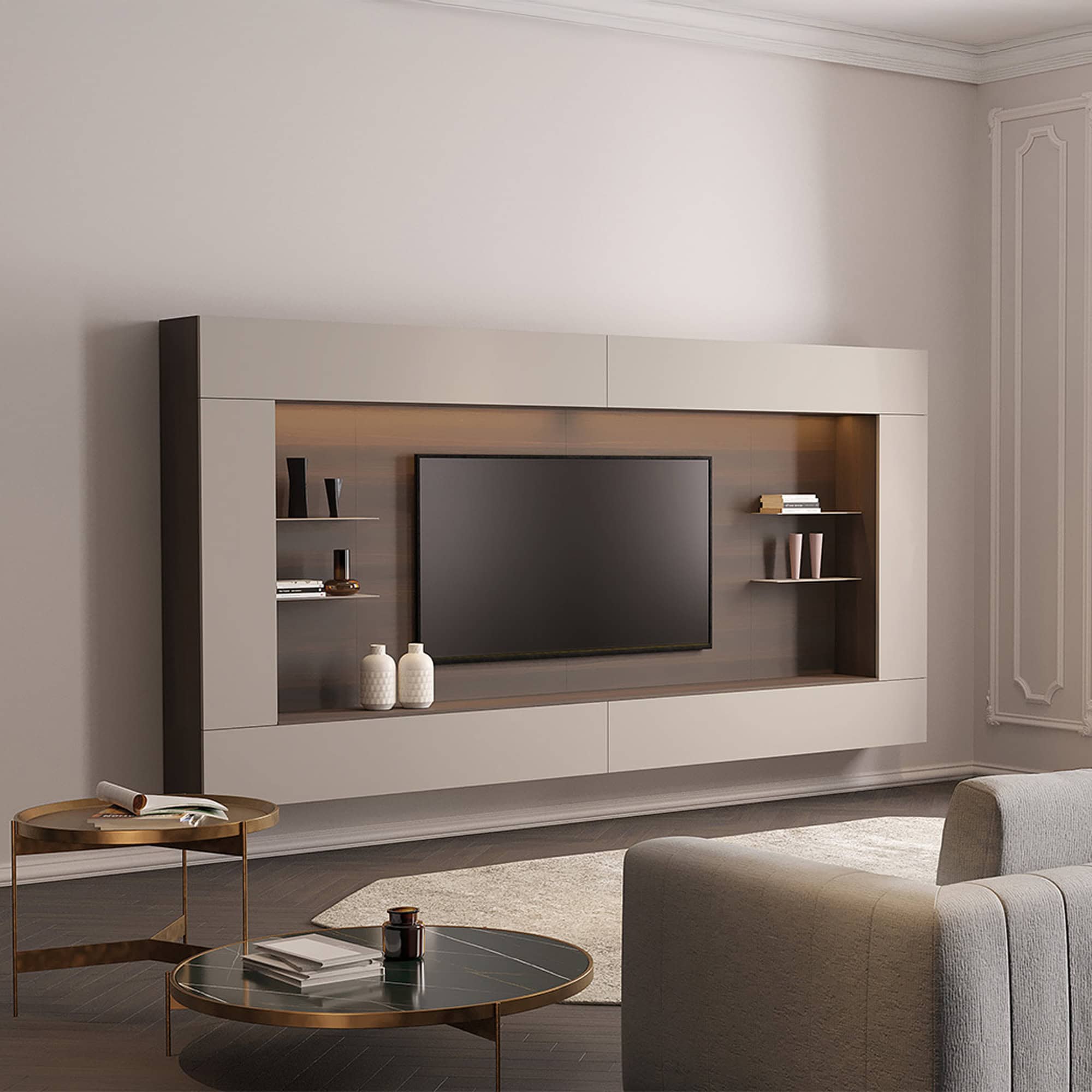 Stylish, contemporary wall-mounted entertainment unit with sleek design and integrated shelving.