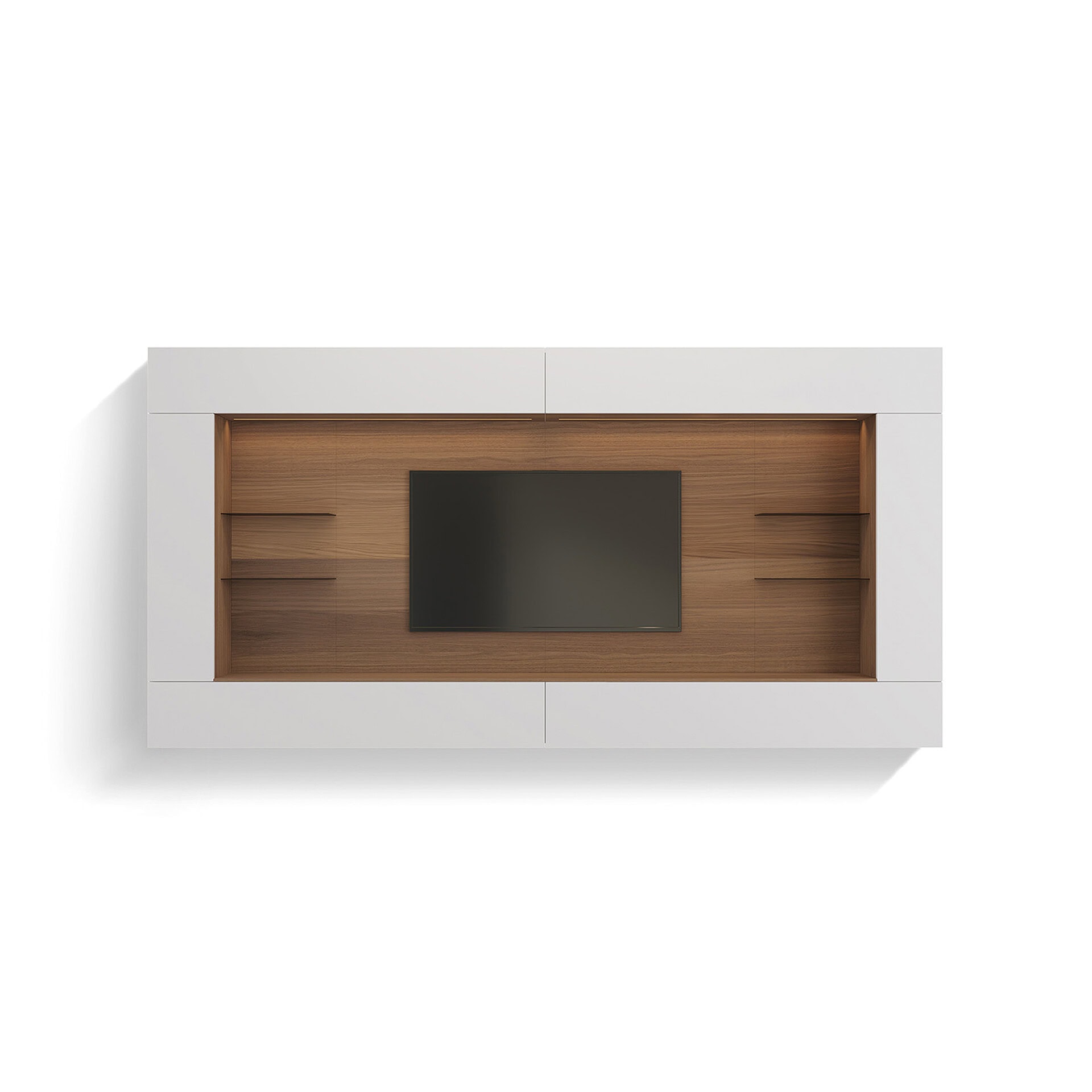 Stylish TV wall unit featuring a combination of white and wood tones with open shelving and a mounted flat-screen TV.