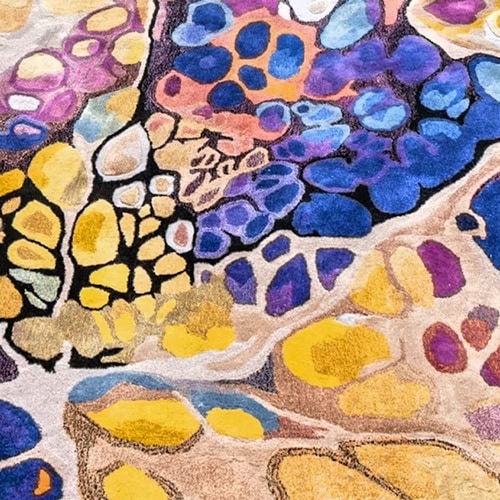 Close-up of a colorful, abstract rug with organic shapes in blue, yellow, purple, and orange on a light background, resting on a dark wooden floor.