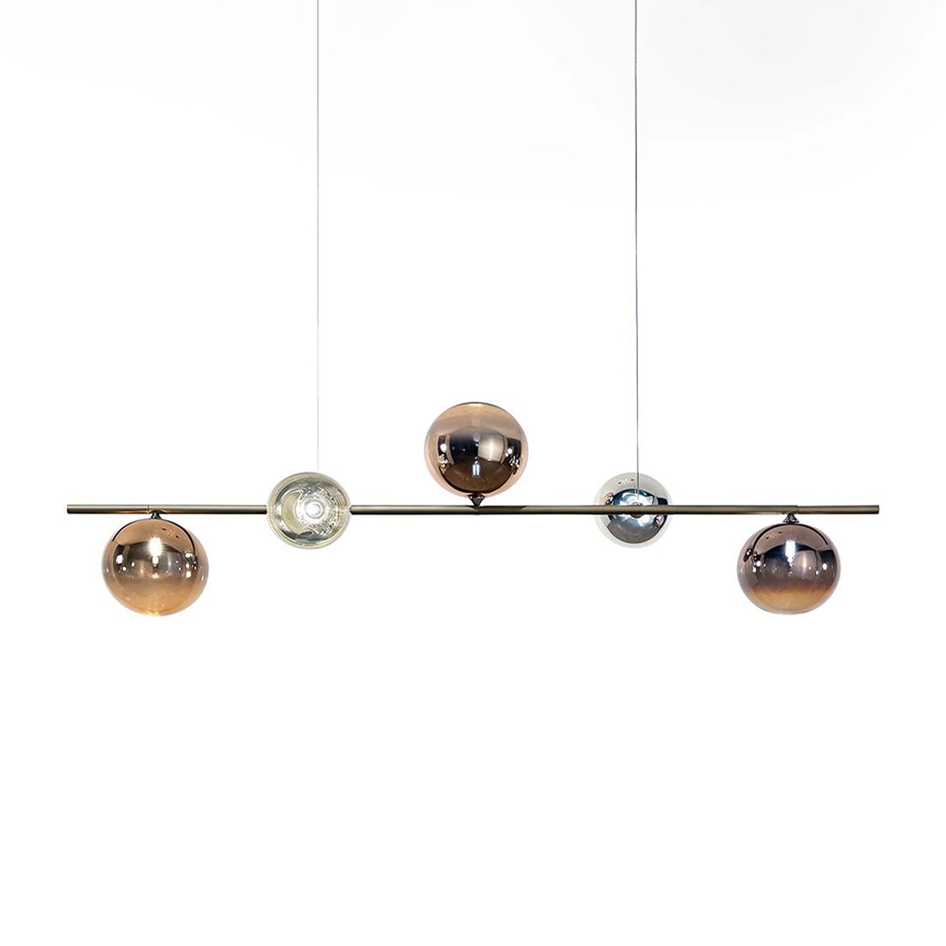 Elegant contemporary lighting fixture featuring five glass globes in bronze, clear, and smoke, ideal for modern home decor.