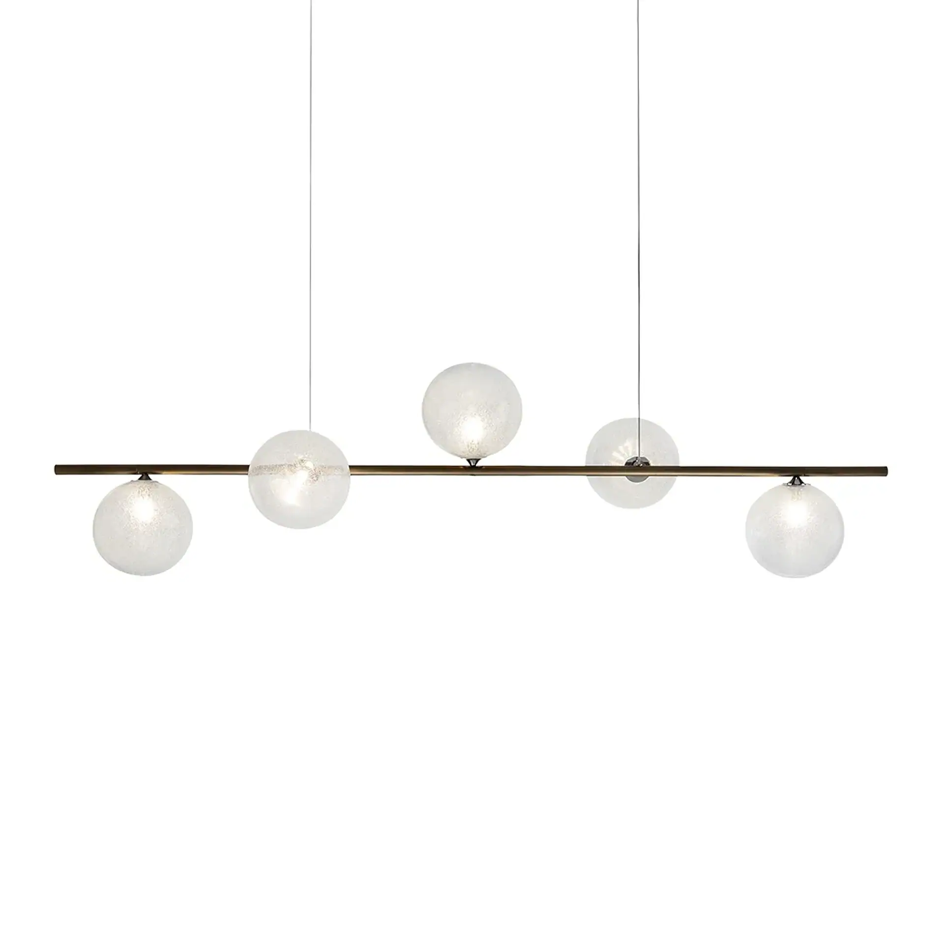 A modern linear pendant light fixture with a horizontal bronze rod and five spherical, textured glass globes, three below and two above, all illuminated.