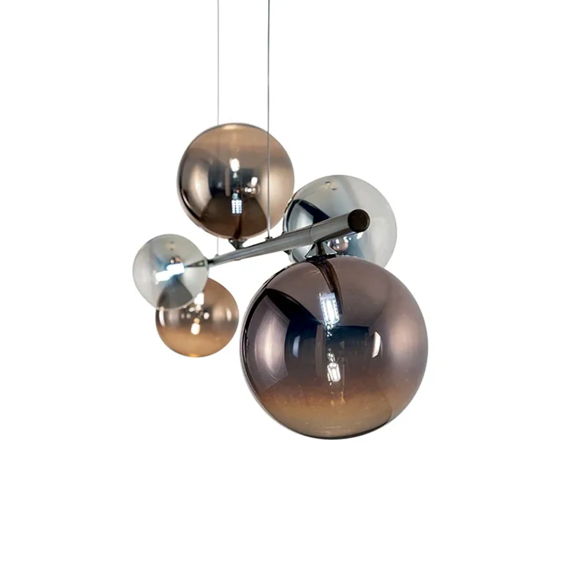 A modern pendant light fixture with five spherical glass shades, some smoky brown and some reflective silver, connected by dark metal rods, against a white background.