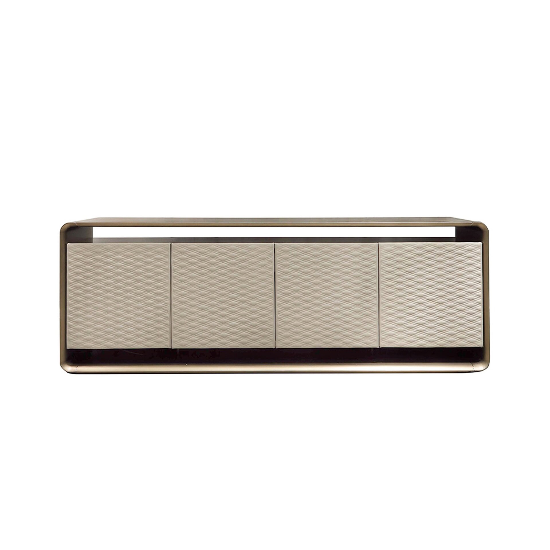 A modern credenza with a polished brass frame and four light-colored doors featuring a diamond-quilted pattern, set against a white background.