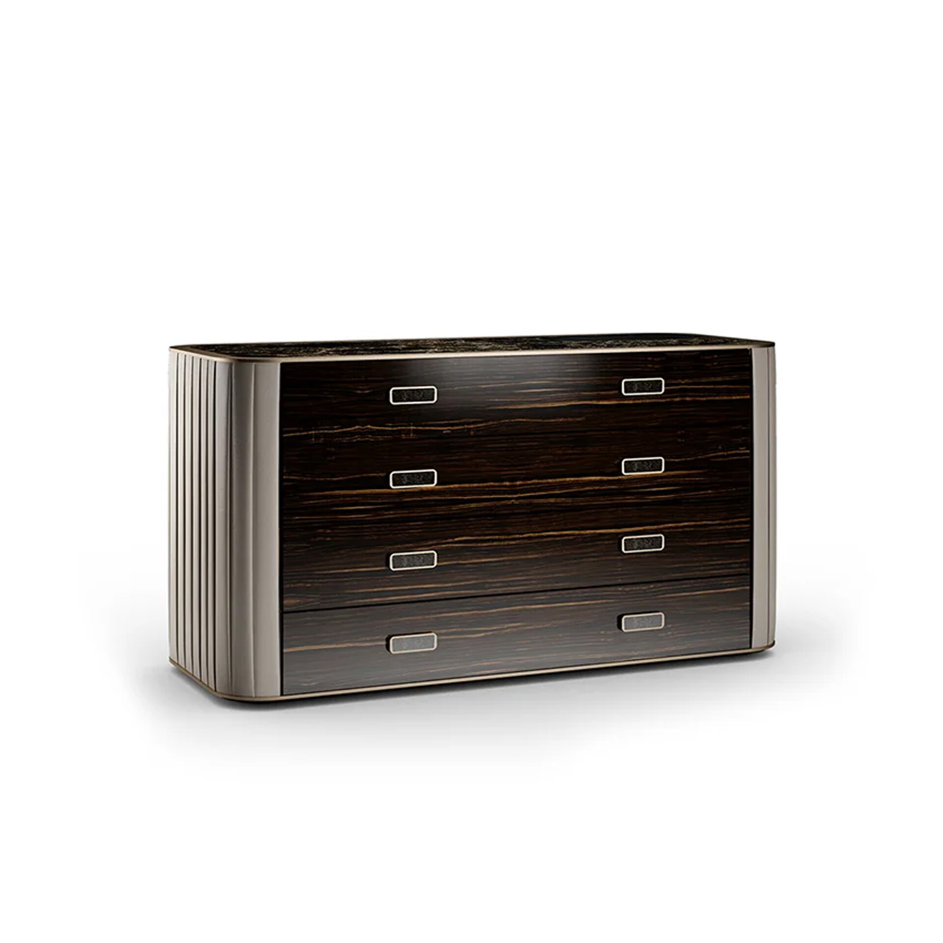 A modern dark wood dresser with six drawers, metallic fluted sides, and a dark stone top, set against a white background.