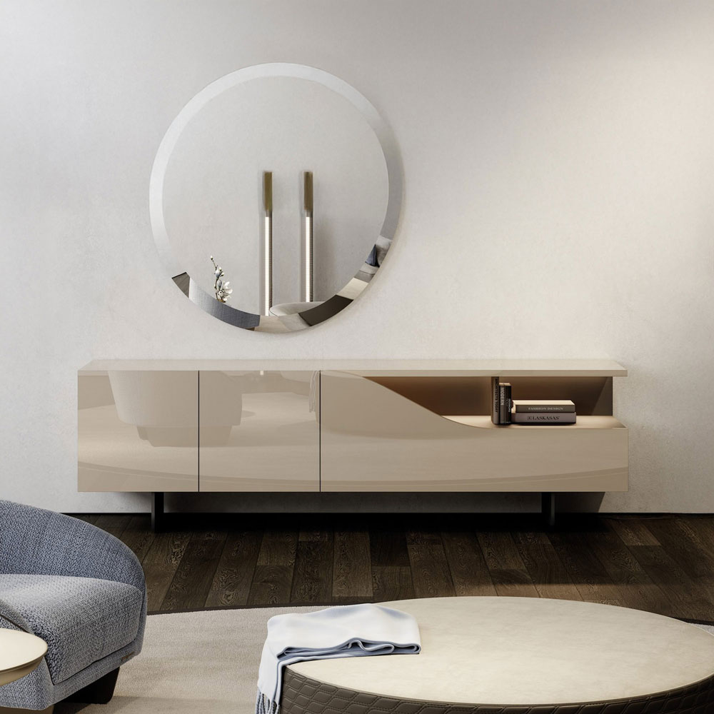 Contemporary beige modern sideboard with open shelf and glossy finish for stylish living room decor.