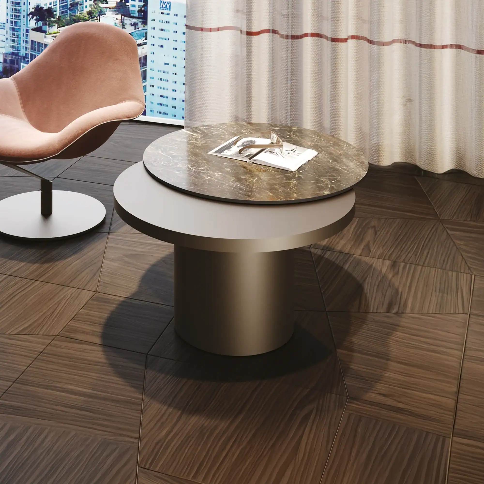 A modern living room with a two-tiered coffee table featuring a marble top, an open magazine, and eyeglasses. A peach-colored armchair is to the left, and a large window with a city skyline view is in the background, partially covered by a sheer curtain. The floor is dark wood with a geometric pattern.