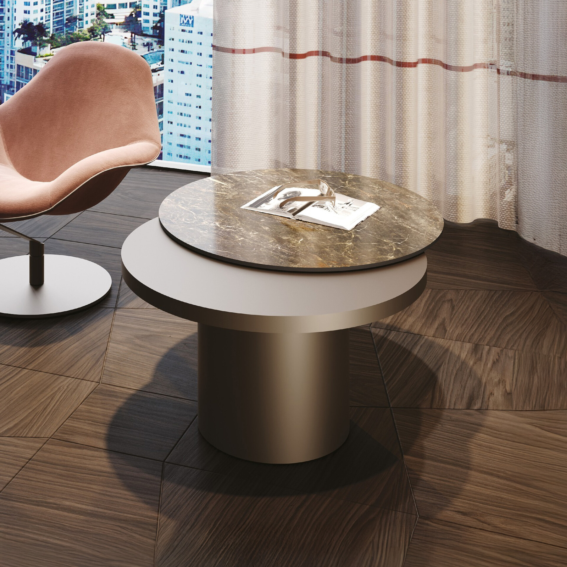 A modern living room with a two-tiered coffee table featuring a marble top, an open magazine, and eyeglasses. A peach-colored armchair is to the left, and a large window with a city skyline view is in the background, partially covered by a sheer curtain. The floor is dark wood with a geometric pattern.