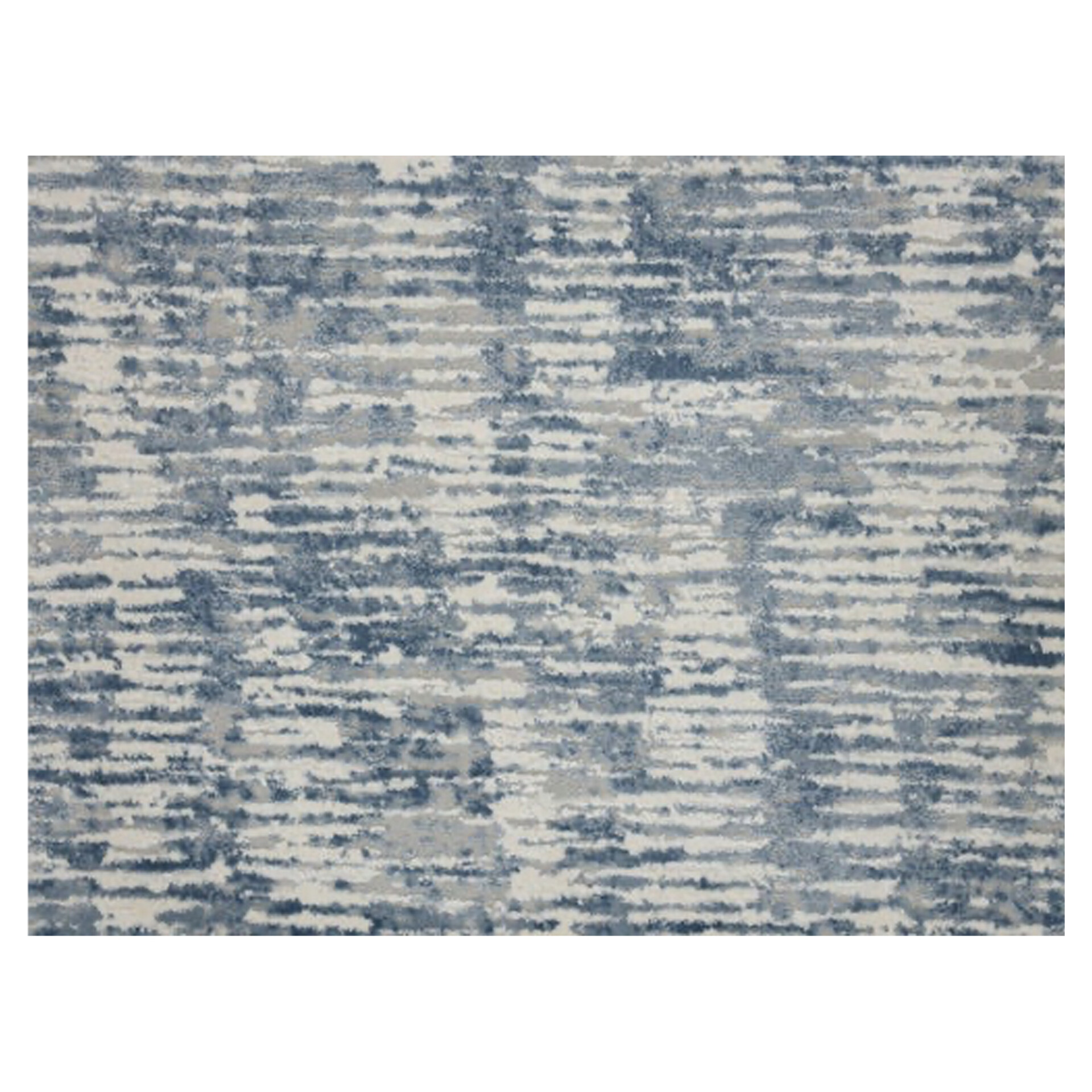 Abstract rug with horizontal distressed stripes in shades of blue, grey, and off-white.