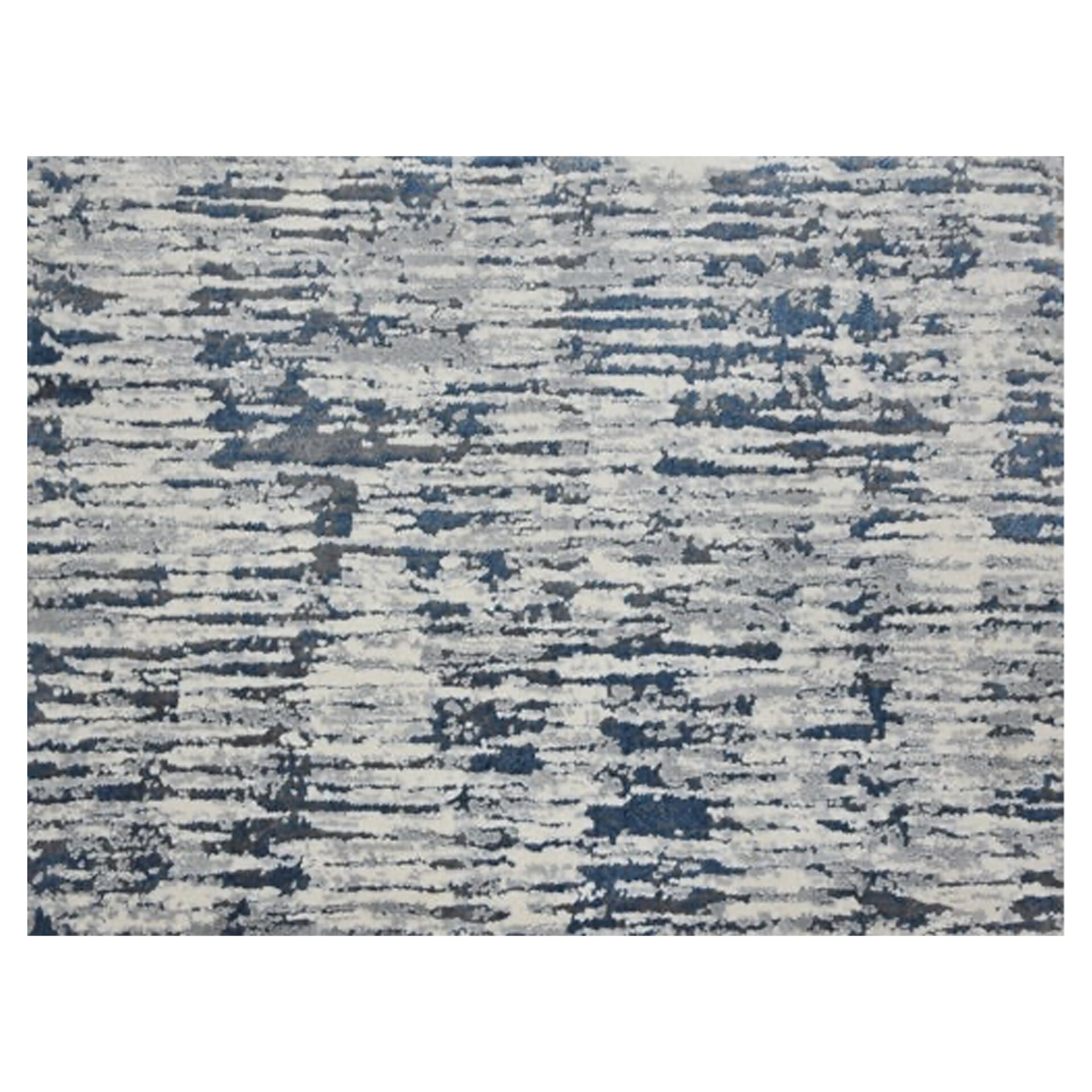 A rectangular rug with an abstract pattern of horizontal, distressed stripes in shades of blue, gray, and off-white.