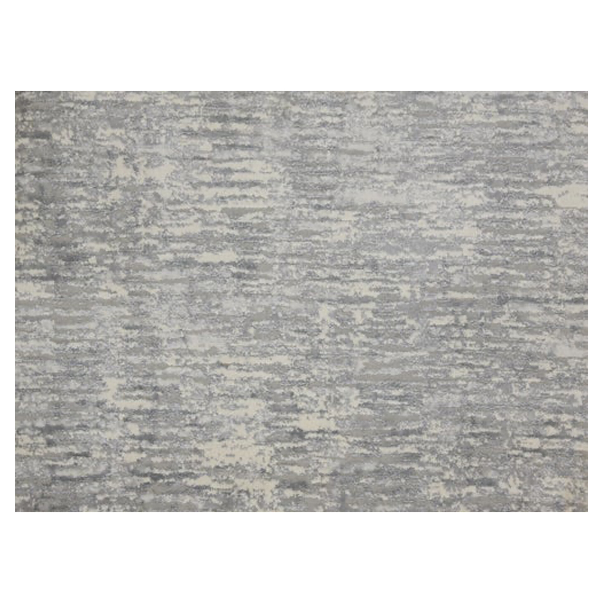 A rectangular area rug with an abstract, distressed pattern in shades of grey and off-white, featuring irregular horizontal streaks.