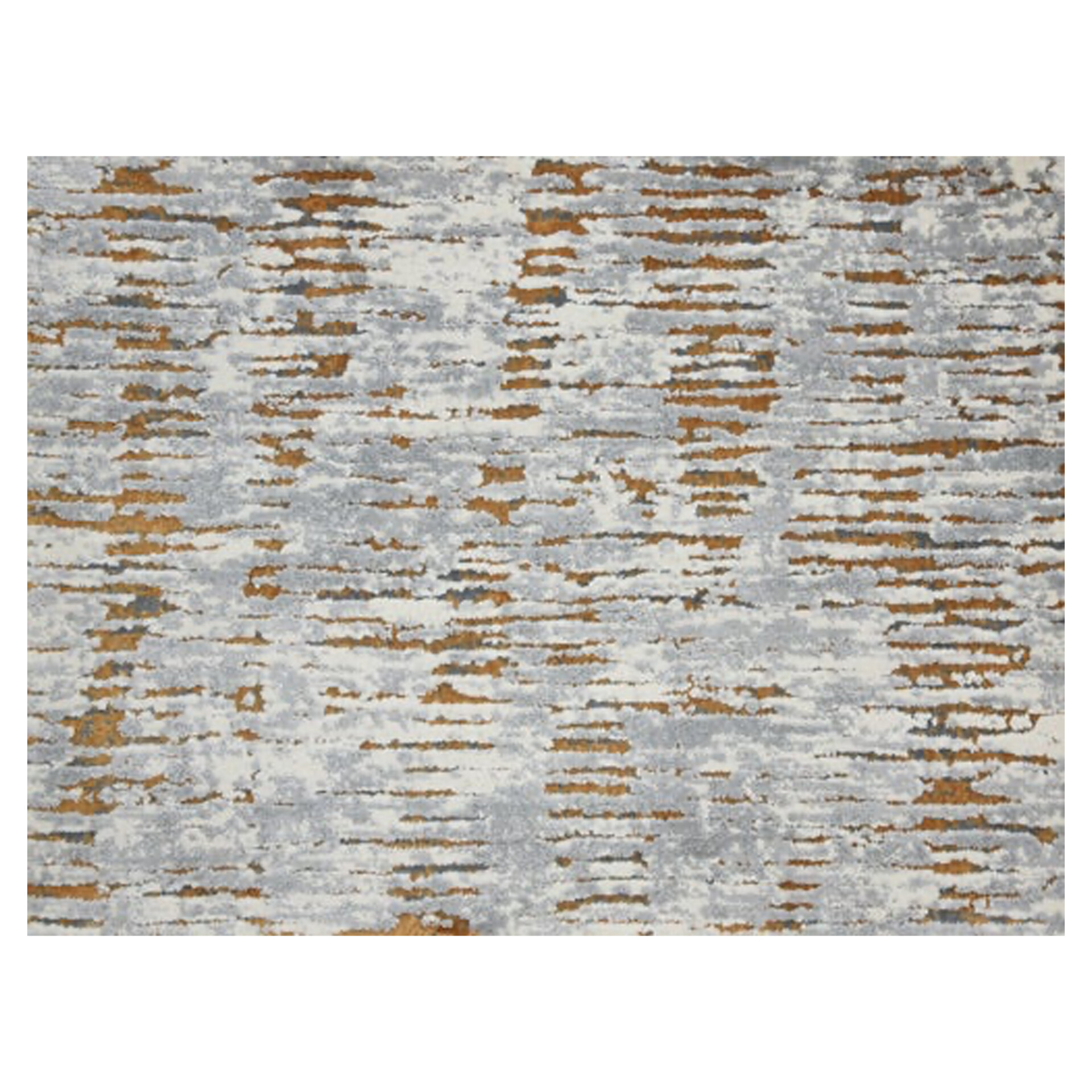 Abstract rug with a distressed pattern of horizontal streaks in copper, gray, and cream colors.