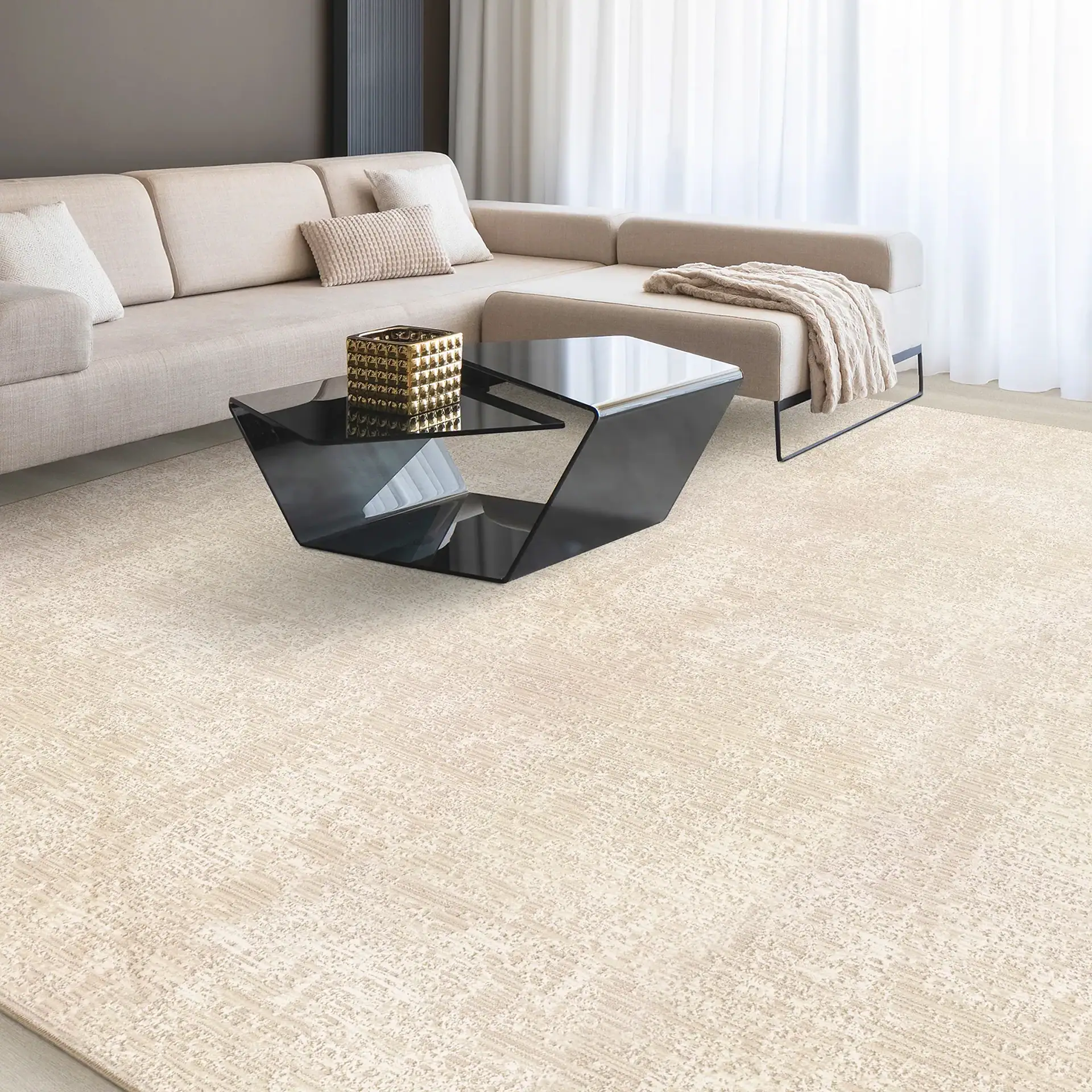 Luxurious living room featuring a contemporary beige sofa, stylish coffee tables, and soft white curtains.