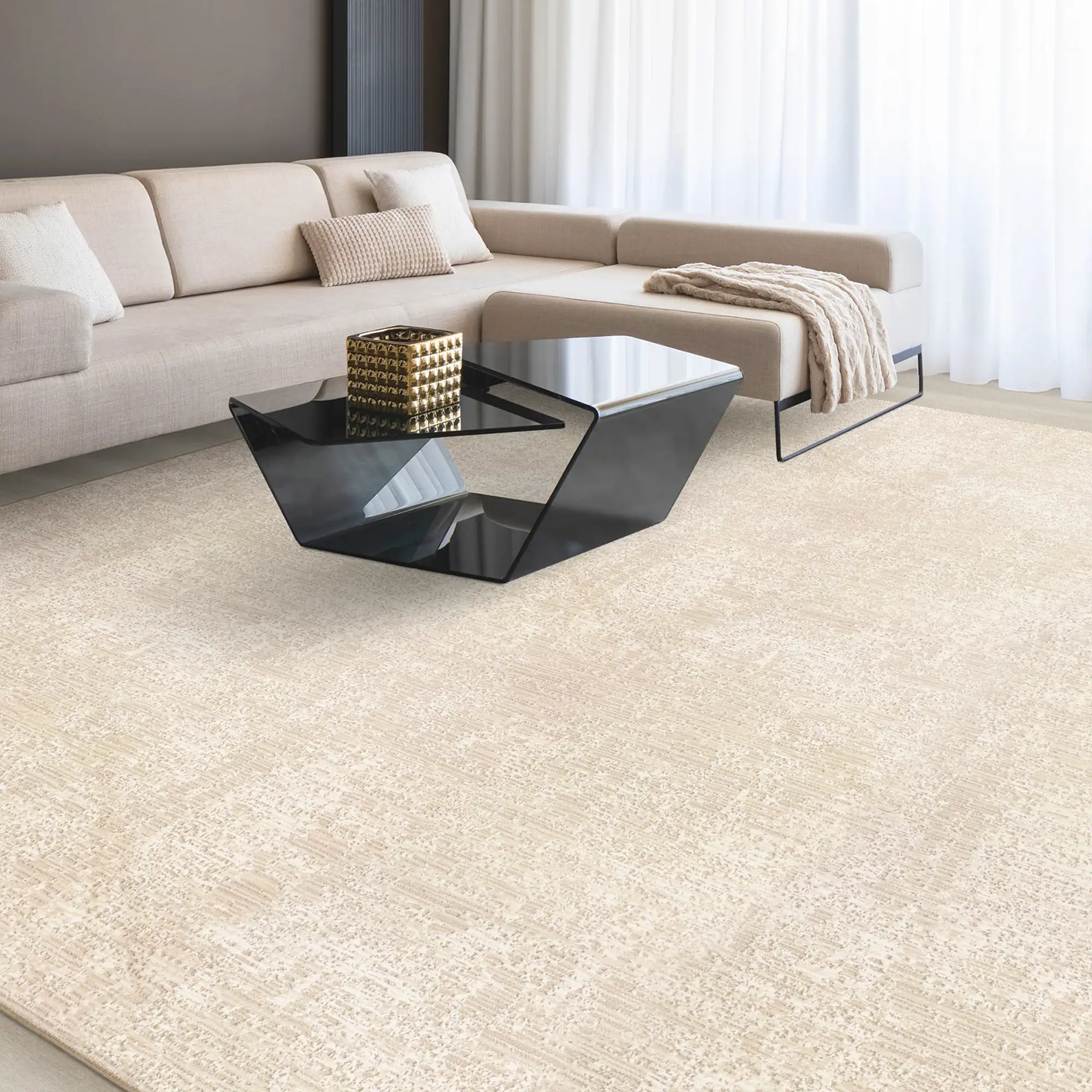 Luxurious living room featuring a contemporary beige sofa, stylish coffee tables, and soft white curtains.