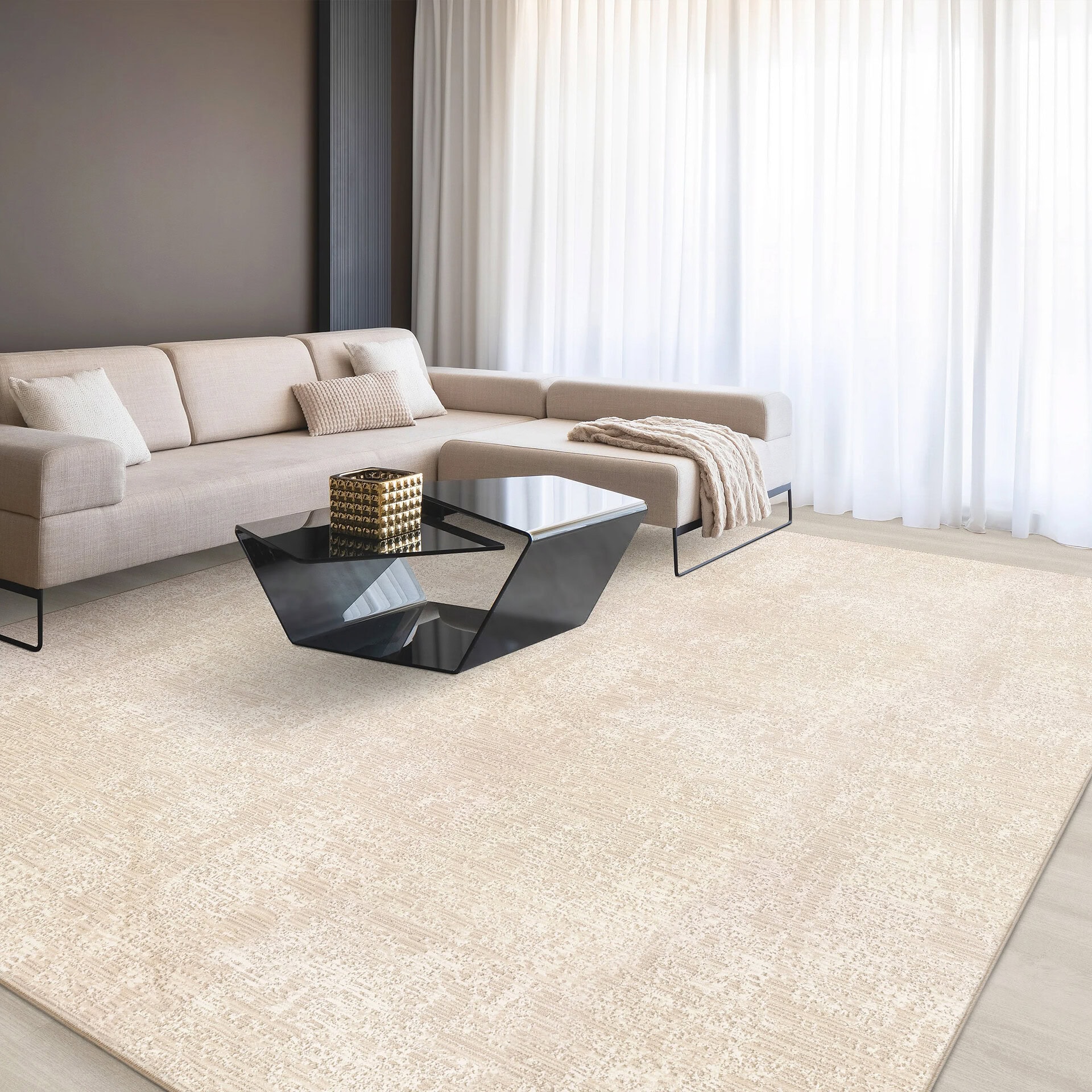 Luxurious living room featuring a contemporary beige sofa, stylish coffee tables, and soft white curtains.