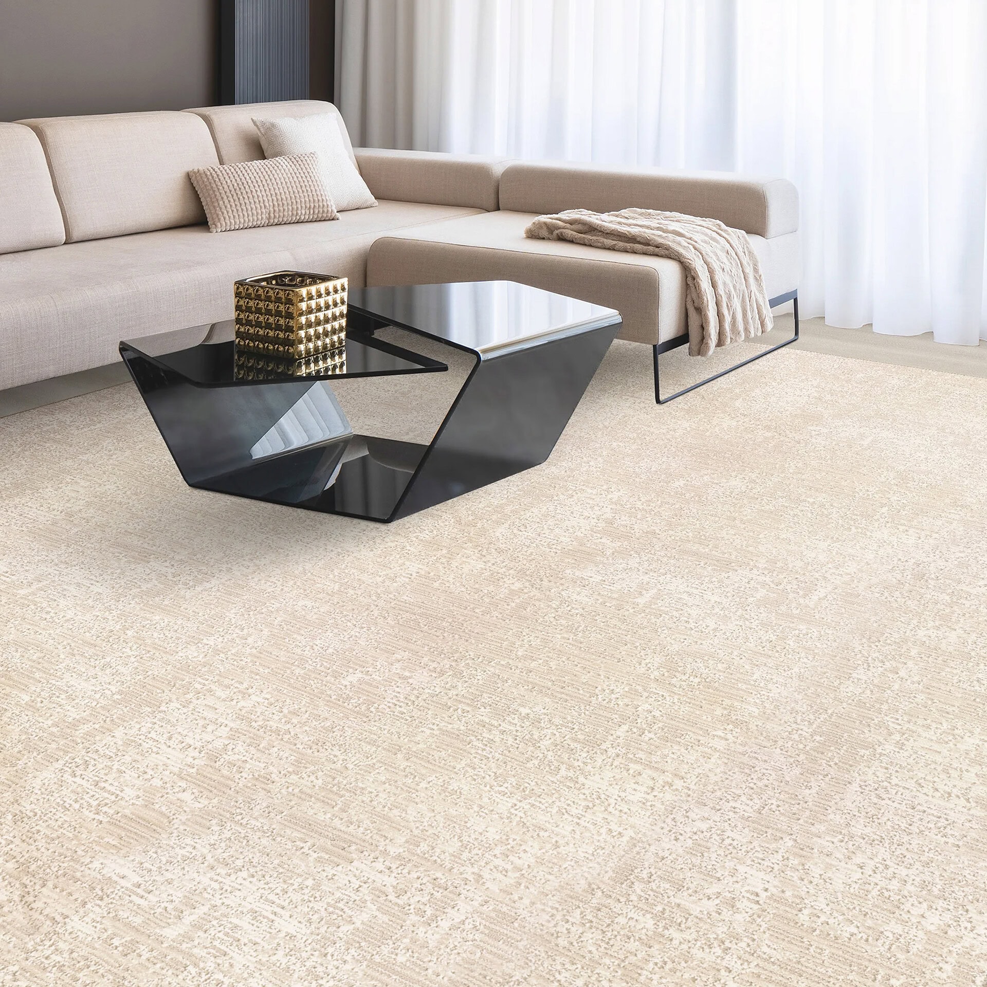 Luxurious living room featuring a contemporary beige sofa, stylish coffee tables, and soft white curtains.