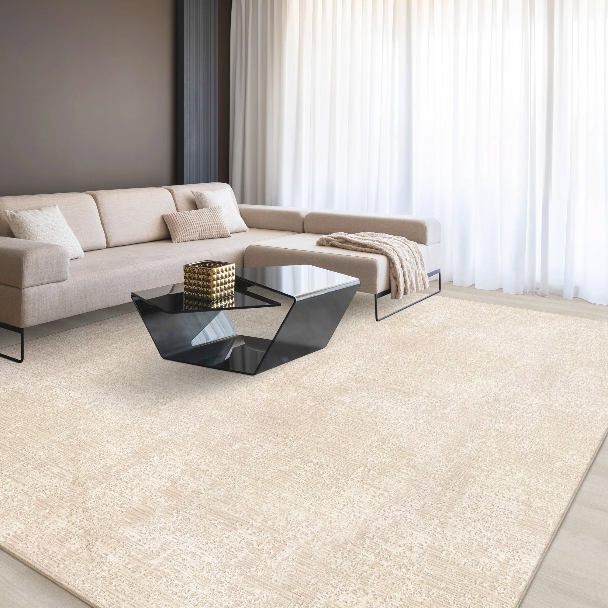 Luxurious living room featuring a contemporary beige sofa, stylish coffee tables, and soft white curtains.