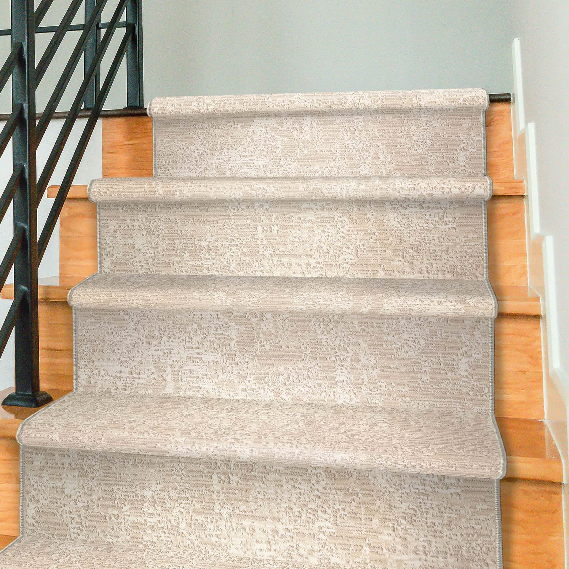 High-quality staircase runner with elegant beige pattern for home décor.