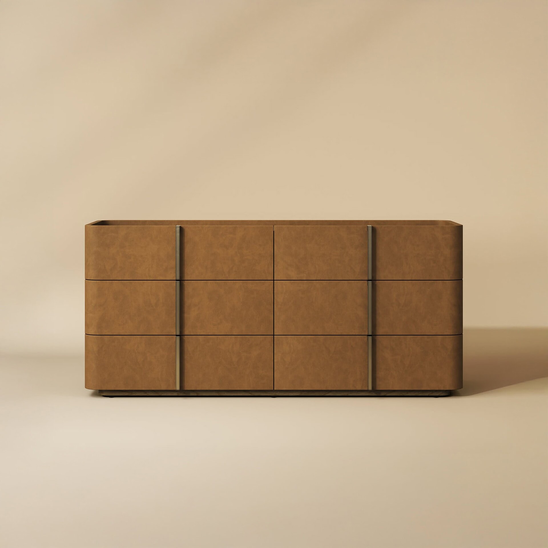 A modern brown leather dresser with six drawers and vertical metal accents, set against a light beige background.