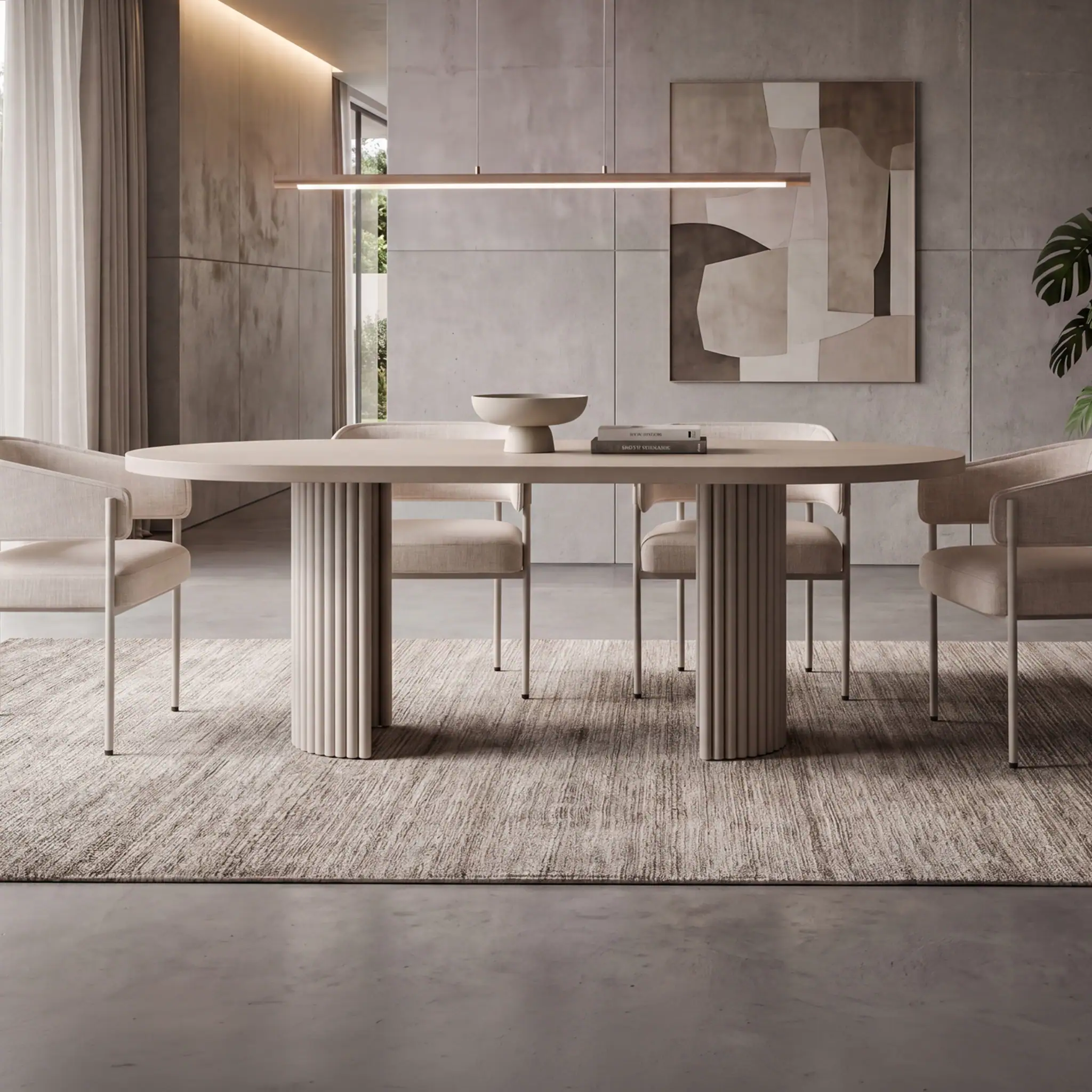 Modern sculptural dining table with six chairs in a contemporary dining room.