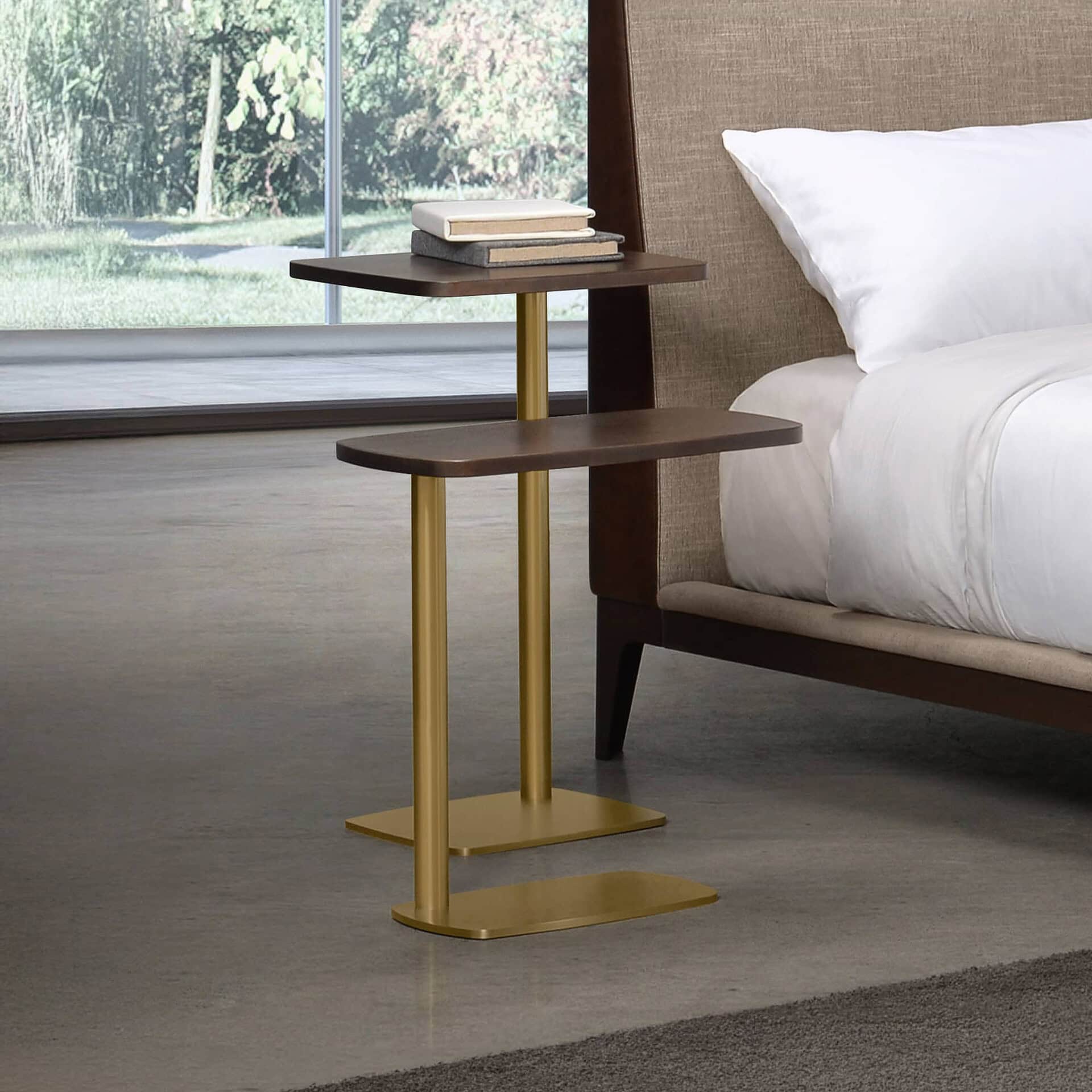 Elegant Leo Accent Side Table with dark wood top and gold metal base. Perfect for modern bedroom or.