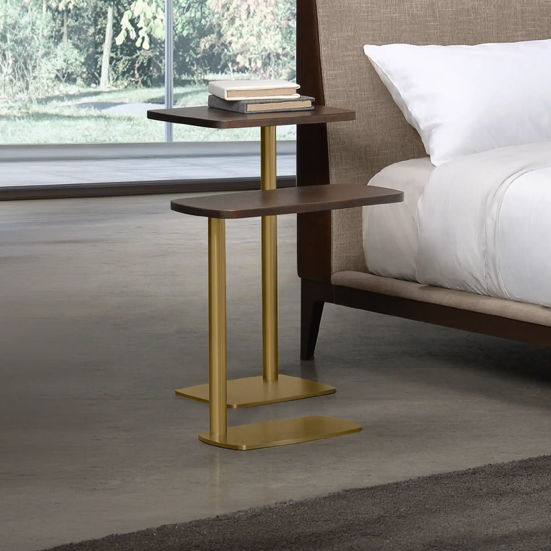 Sklar Furnishings Leo Accent Table next to bed in modern bedroom.