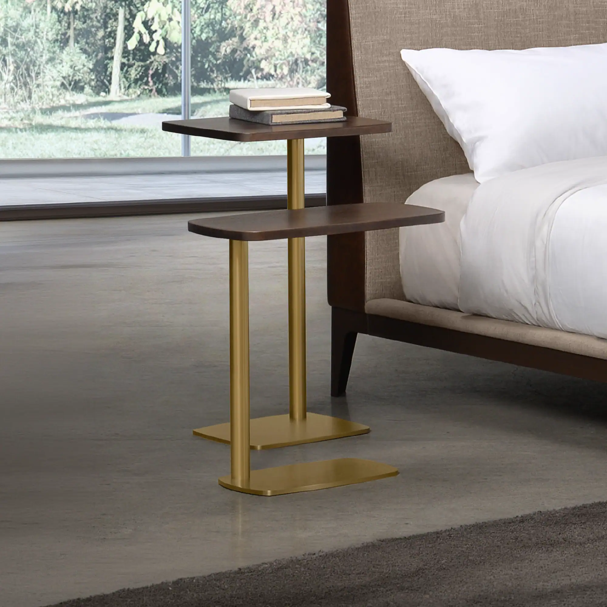 Sklar Furnishings Leo Accent Table next to bed in modern bedroom.