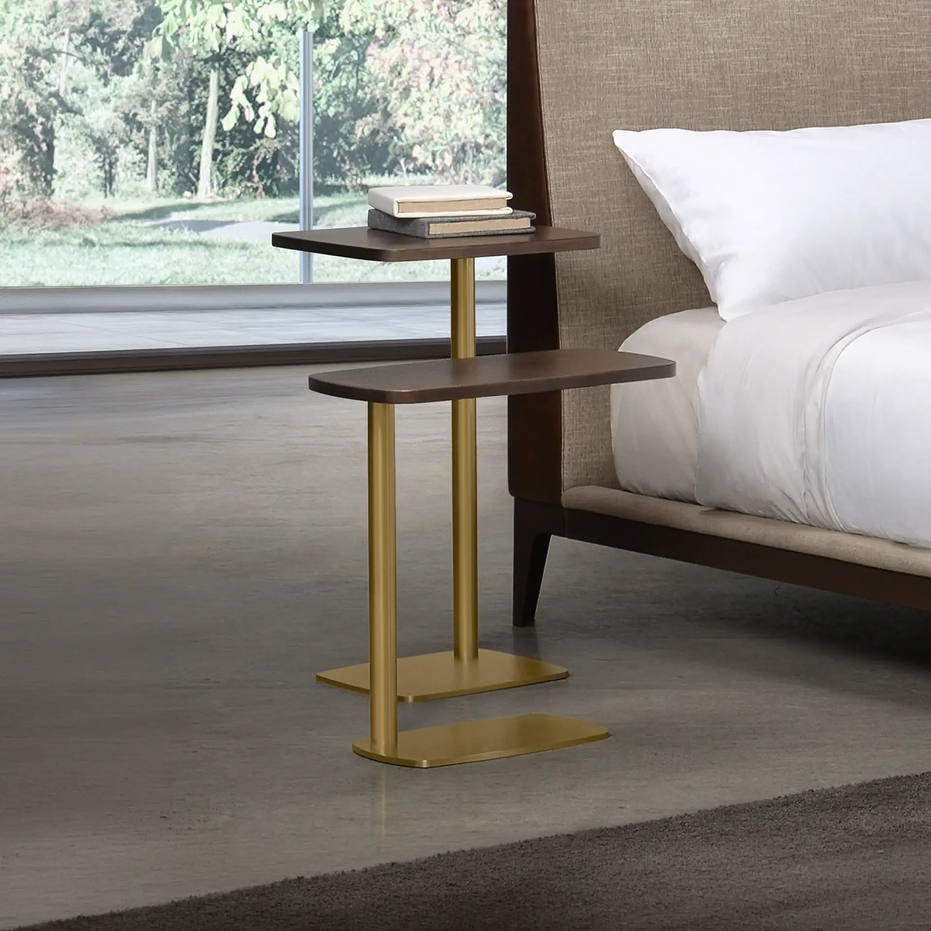 Contemporary bedroom bedside table with gold legs and wooden top, stylish and functional furniture p.