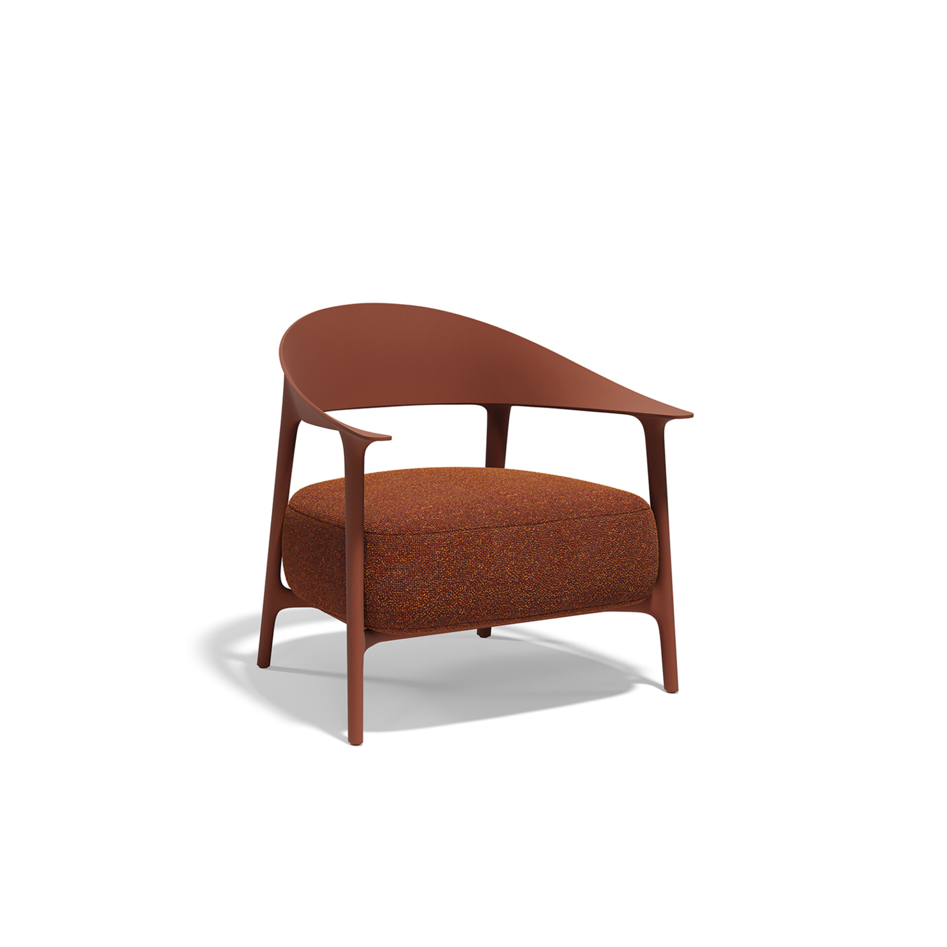 A modern armchair with a terracotta-colored frame and a textured rust-orange seat cushion, set against a white background.