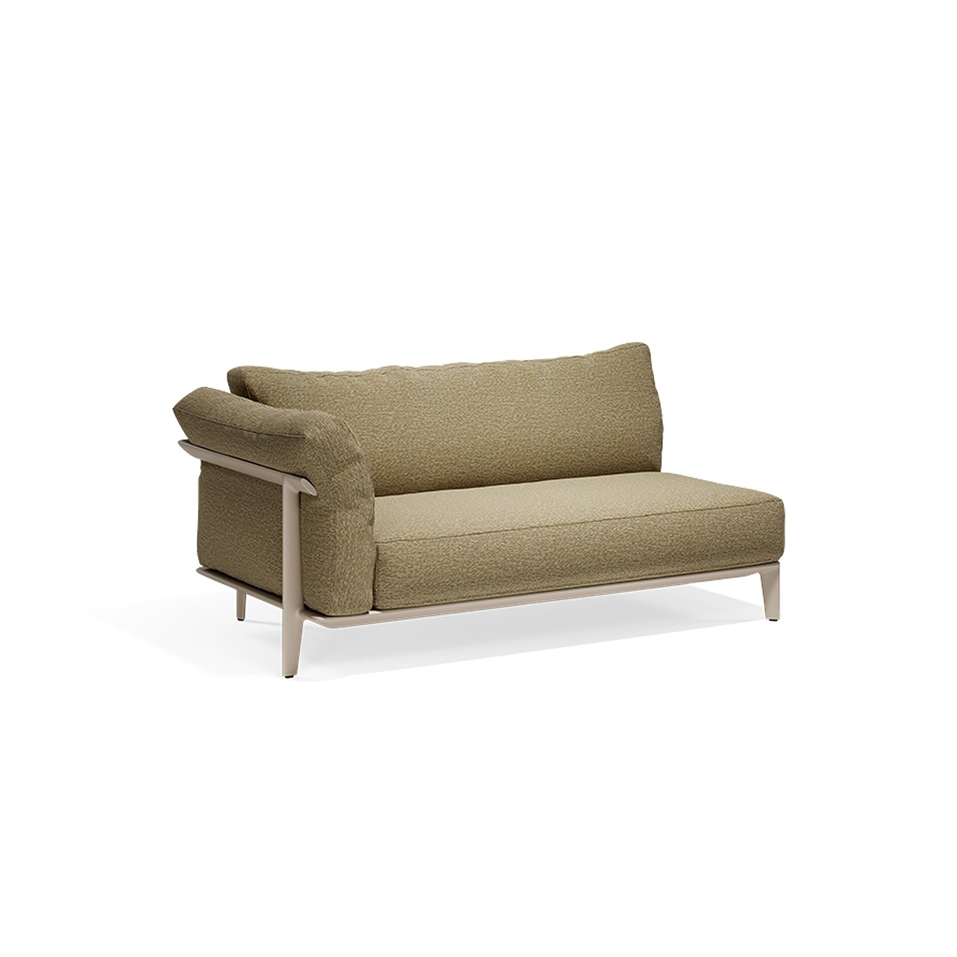 Luxurious olive green sofa with modern design and sleek white metal frame.